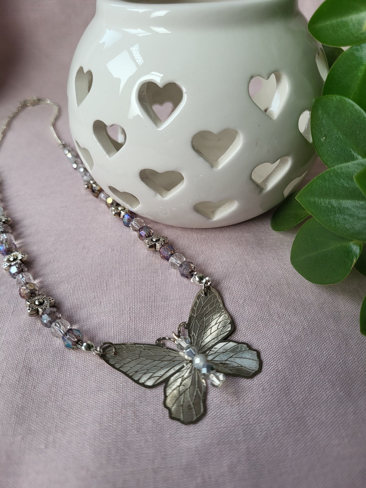 Upcycled Silver Beaded Butterfly Necklace