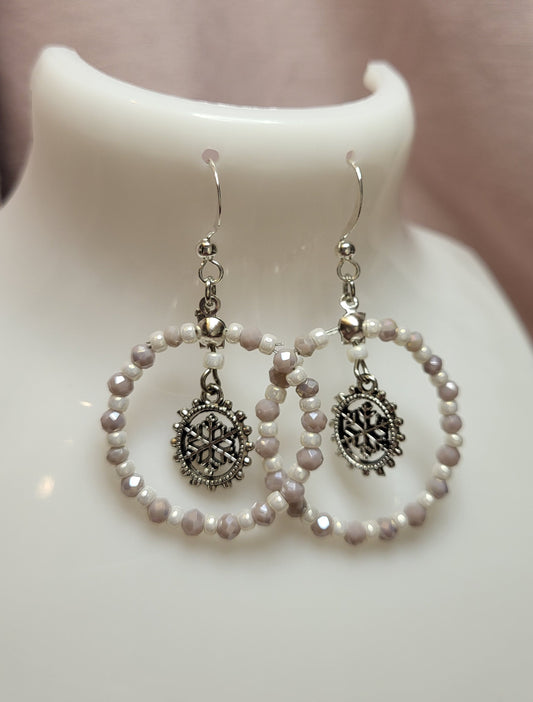 Lilac and White Beaded Snowflake Ring Earrings. Clip On or Nickel Free Wires. Christmas Earrings. Winter Jewellery.