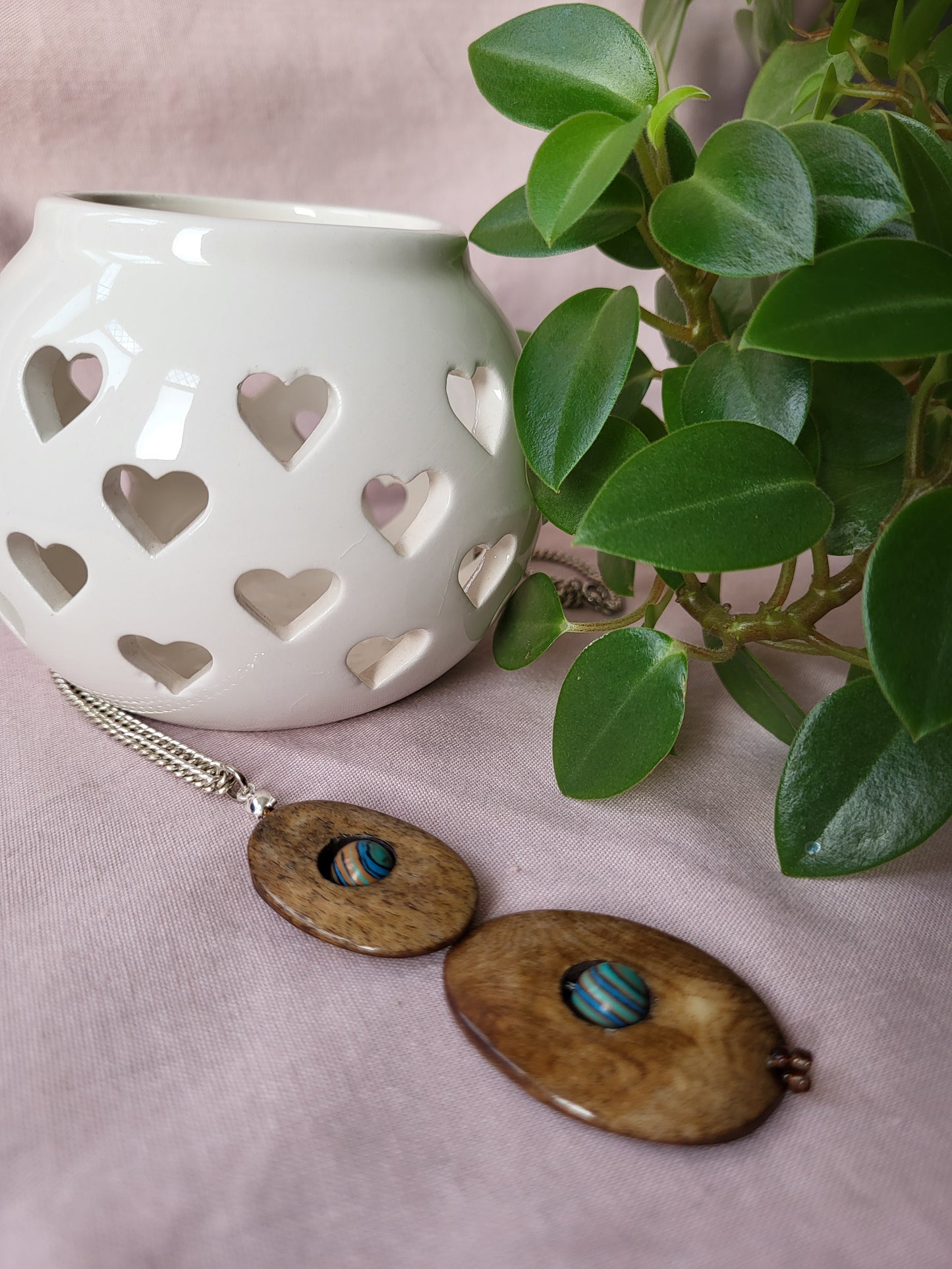 Wood Effect Double Oval Pendant with Blue Malachite Centre. Upcycled and One of a Kind