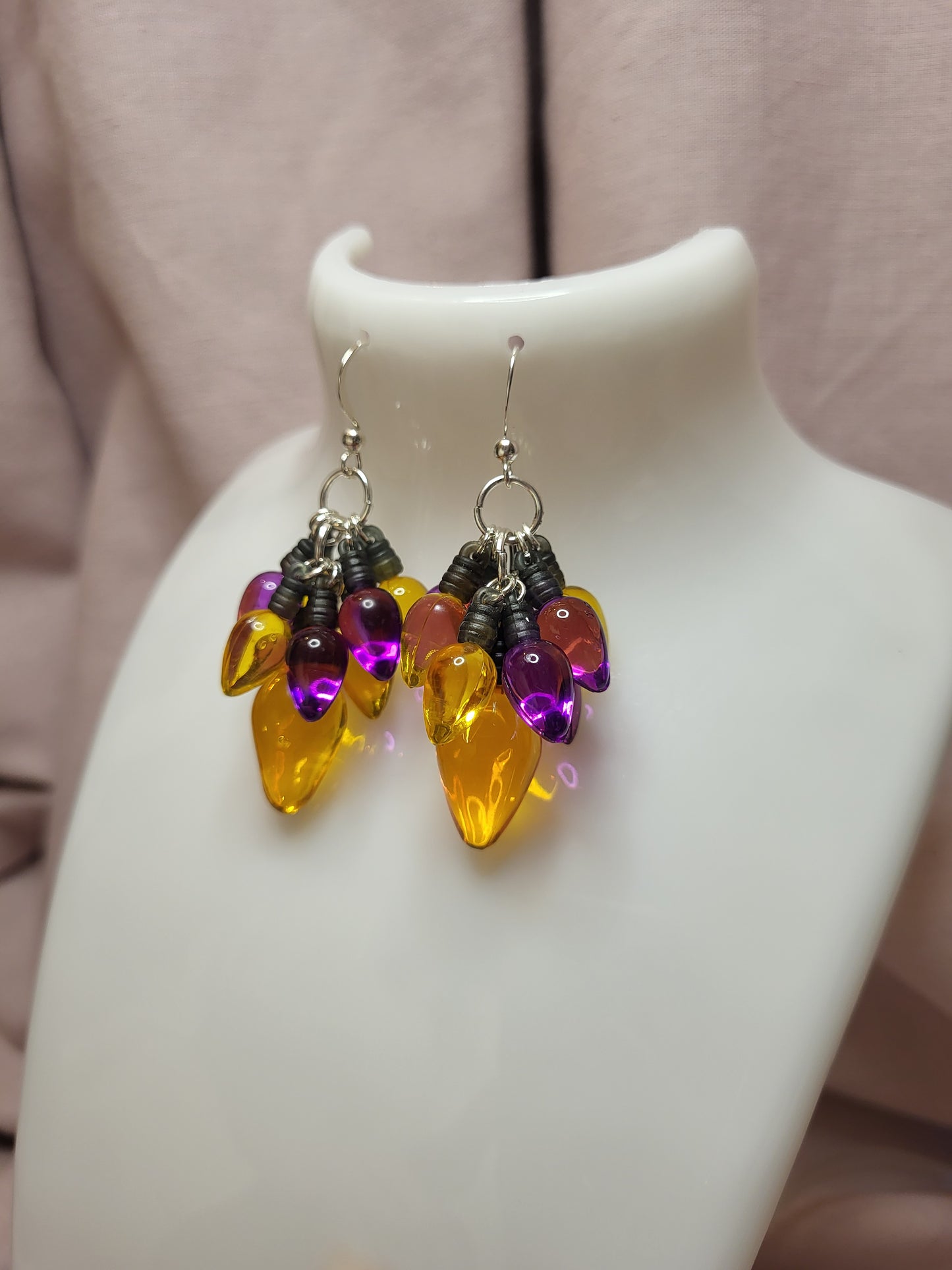 Purple and Gold Christmas Light Statement Earrings. Clip On or Nickel Free Wires. Bold Christmas Earrings. Christmas Jewellery.