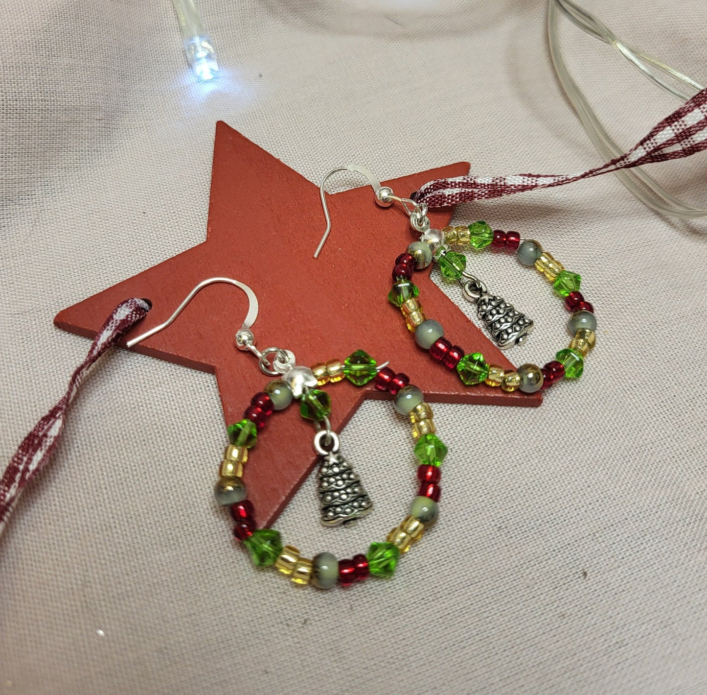 Green, Red and Gold Beaded Christmas Tree Ring Earrings. Clip On or Nickel Free. One of a Kind