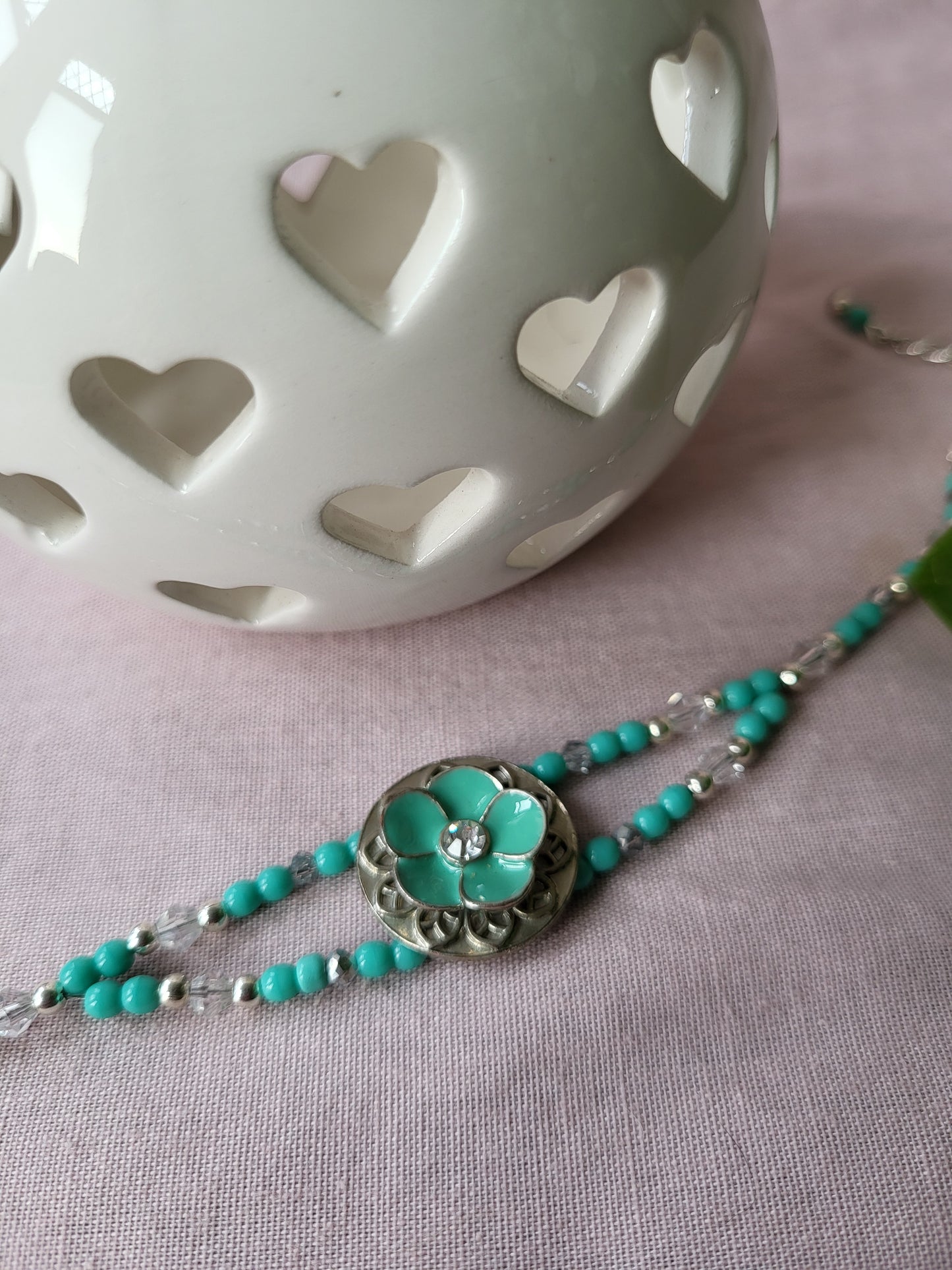 Upcycled Turquoise and Silver Beaded Bracelet with Flower Detail