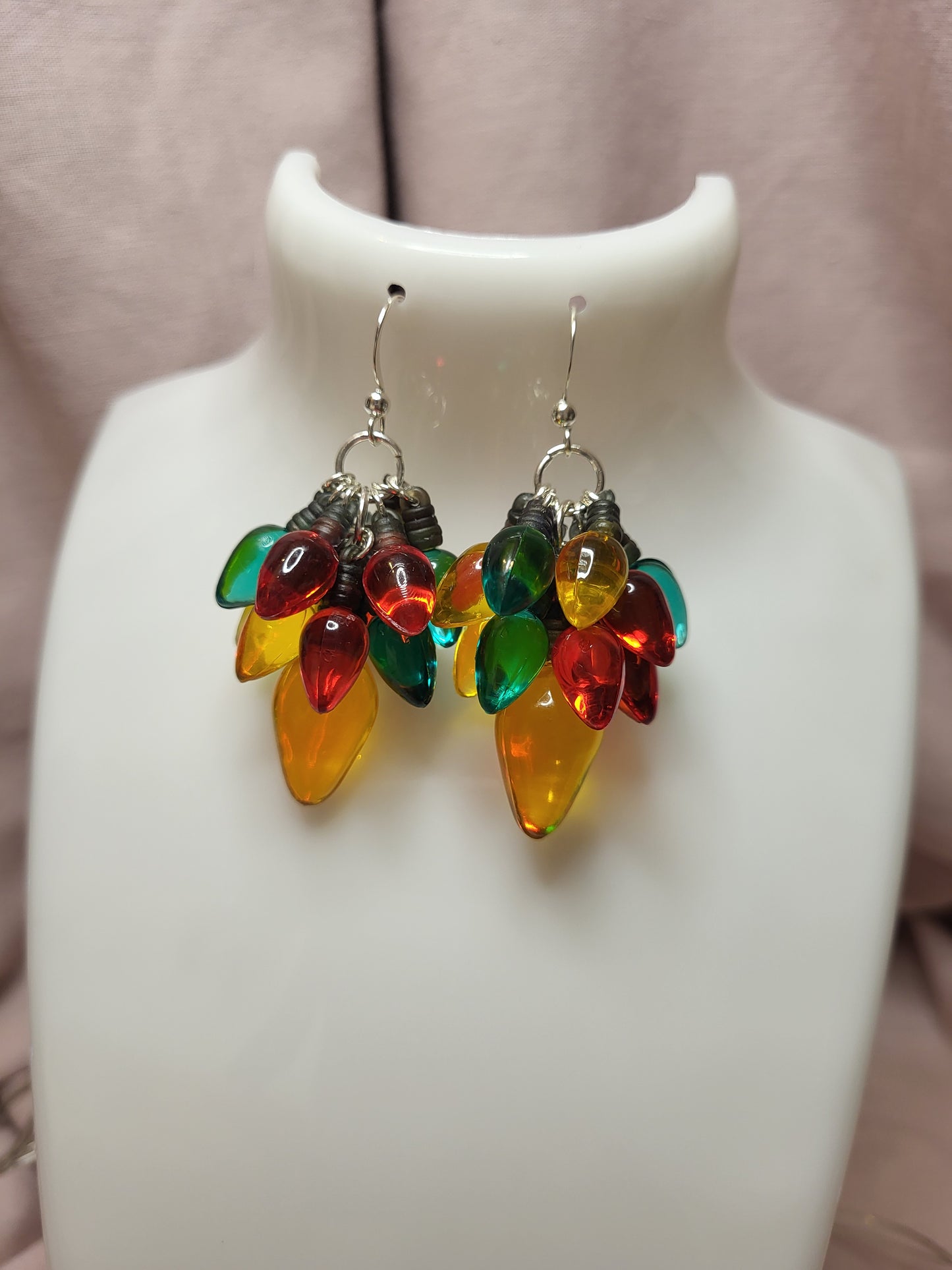 Gold, Red and Green Christmas Light Statement Earrings. Clip On or Nickel Free Wires. Novelty Christmas Jewellery. Fun Earrings.