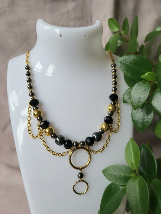 Black and Gold Upcycled Beaded Bib Necklace with Double Ring Drop Pendant and Chain Detail