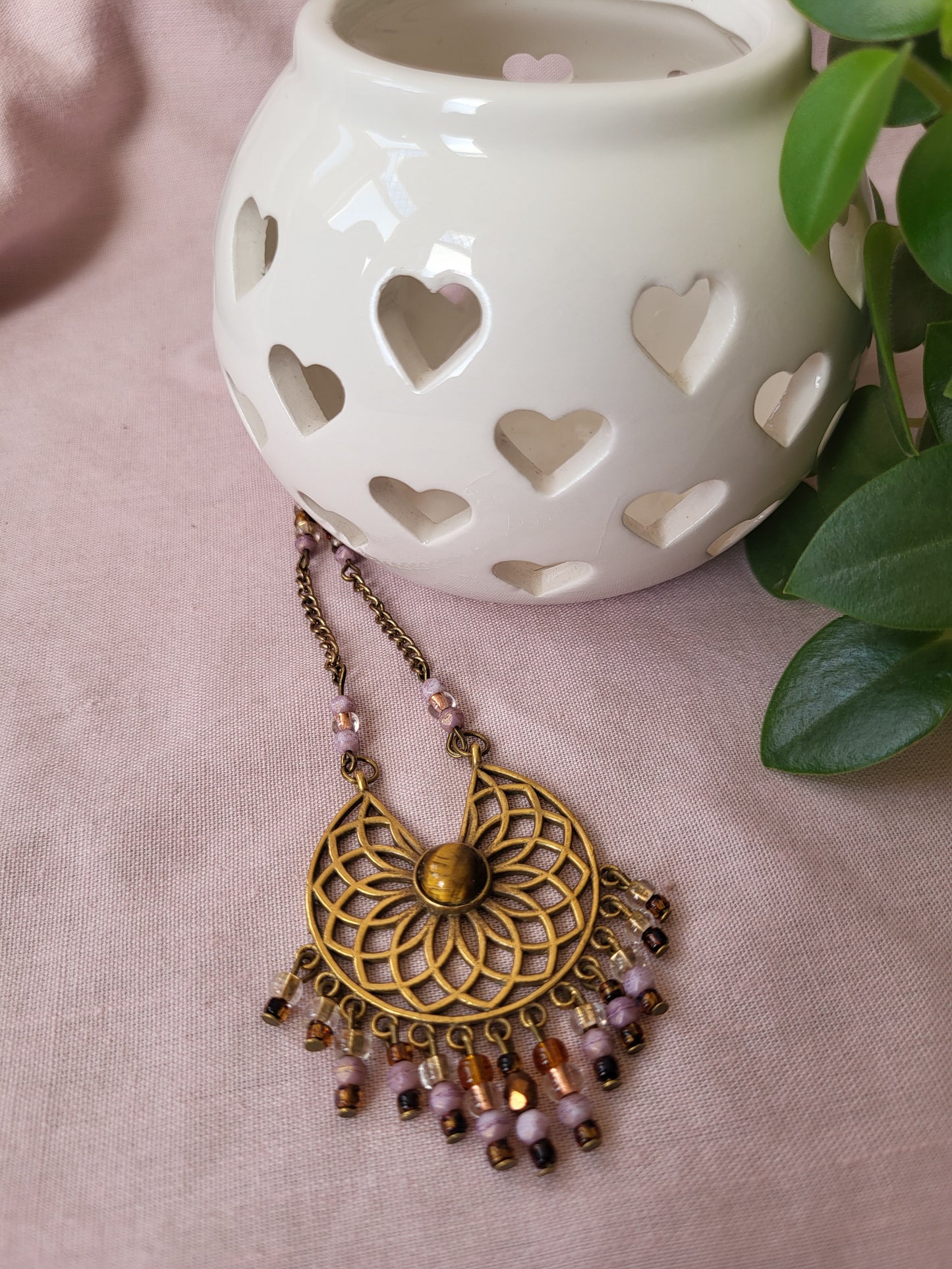 Gold Tone Pendant with Beaded Tassels. Upcycled and One of a Kind