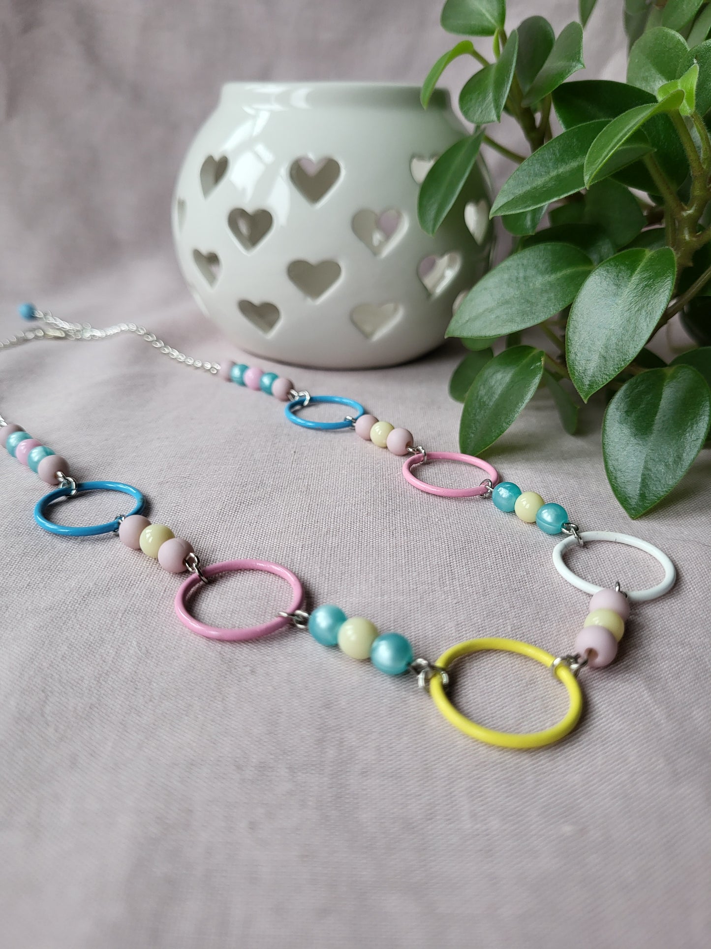Pastel Coloured Upcycled Beaded and Ring Necklace