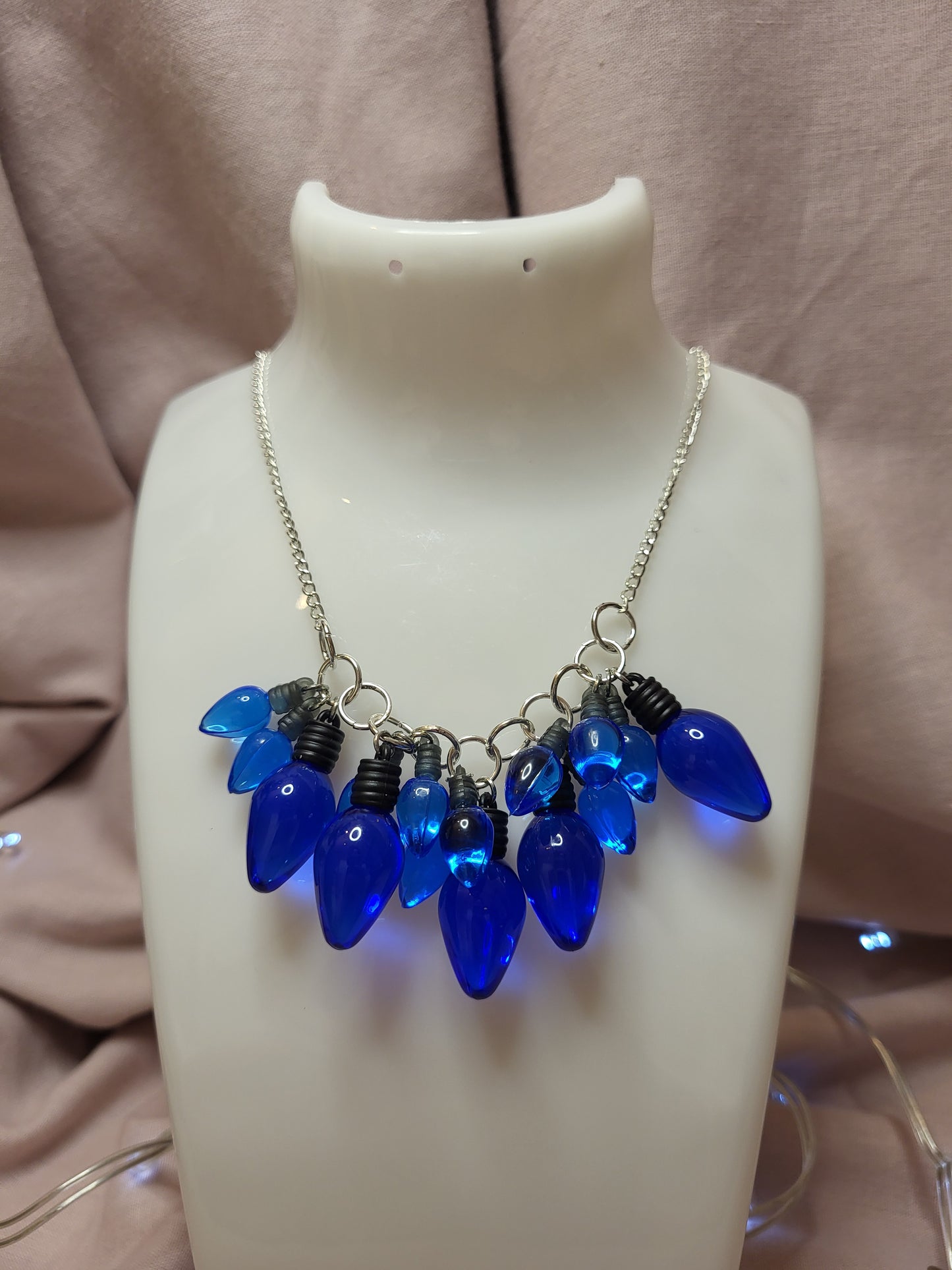 Blue Christmas Lights Statement Bib Necklace. Blue Jewellery. Quirky Christmas Necklace. Fairy Lights Necklace