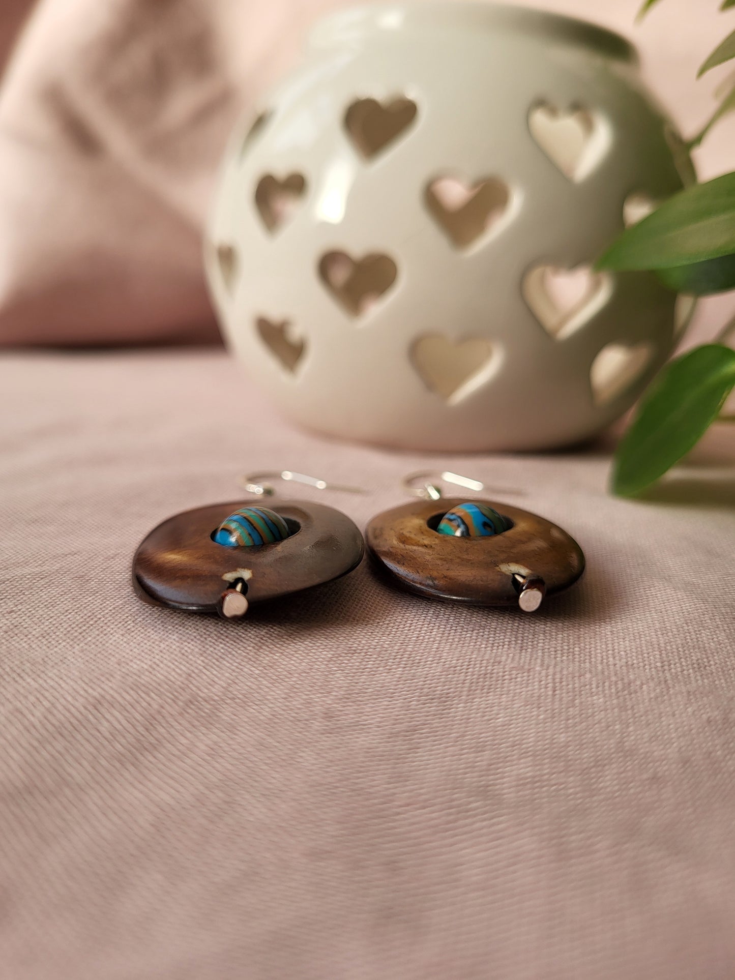 Wood Effect Oval Earrings with Blue Malachite Centre. Upcycled and One of a Kind. Clip On or Nickel Free Wires