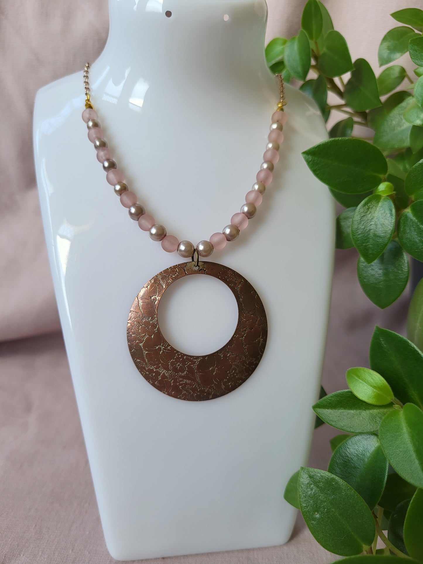 Upcycled Statement Necklace in Pink and Copper. One of a Kind.