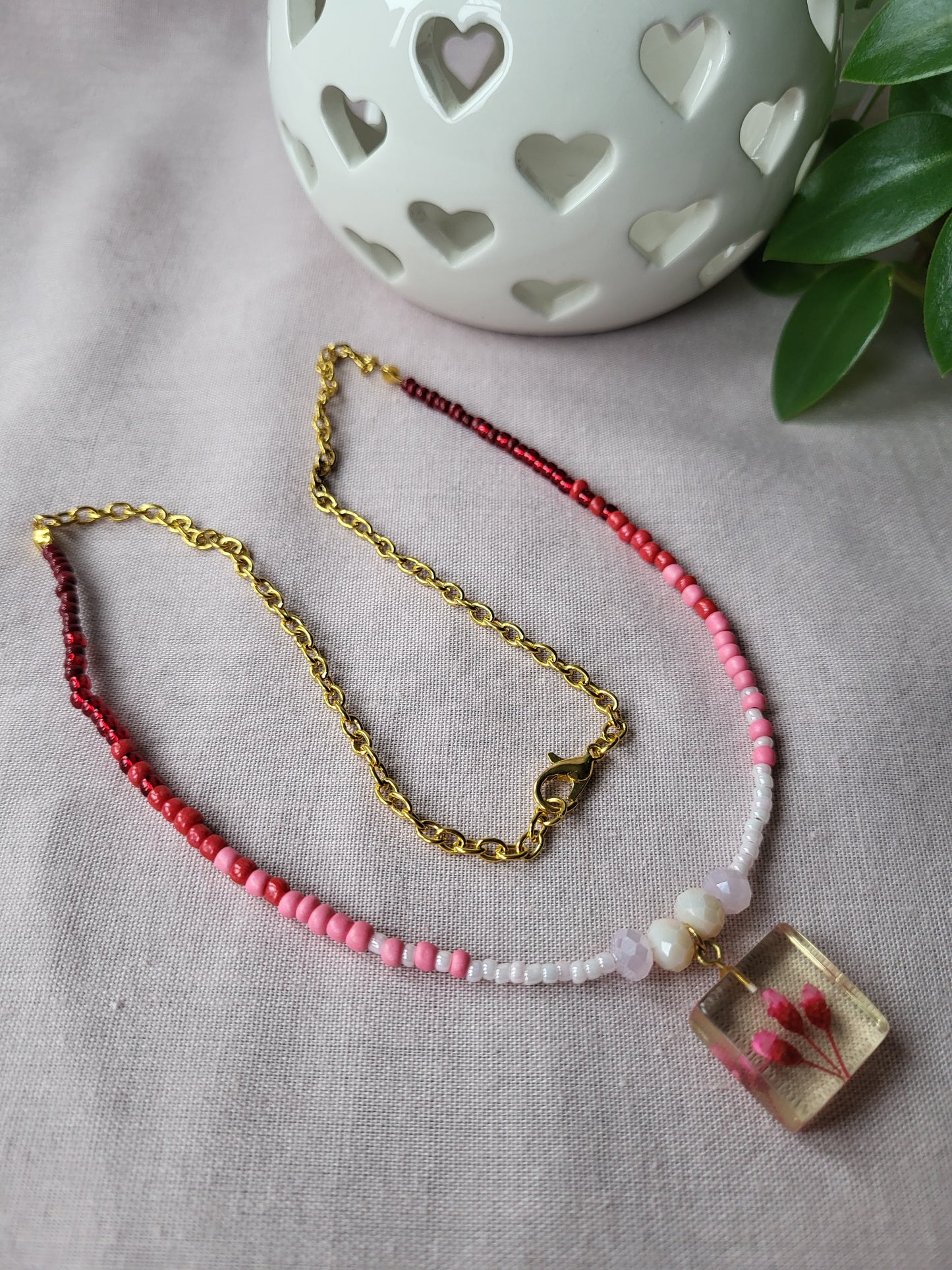 Red, Pink and White Floral Dainty Beaded Upcycled Necklace