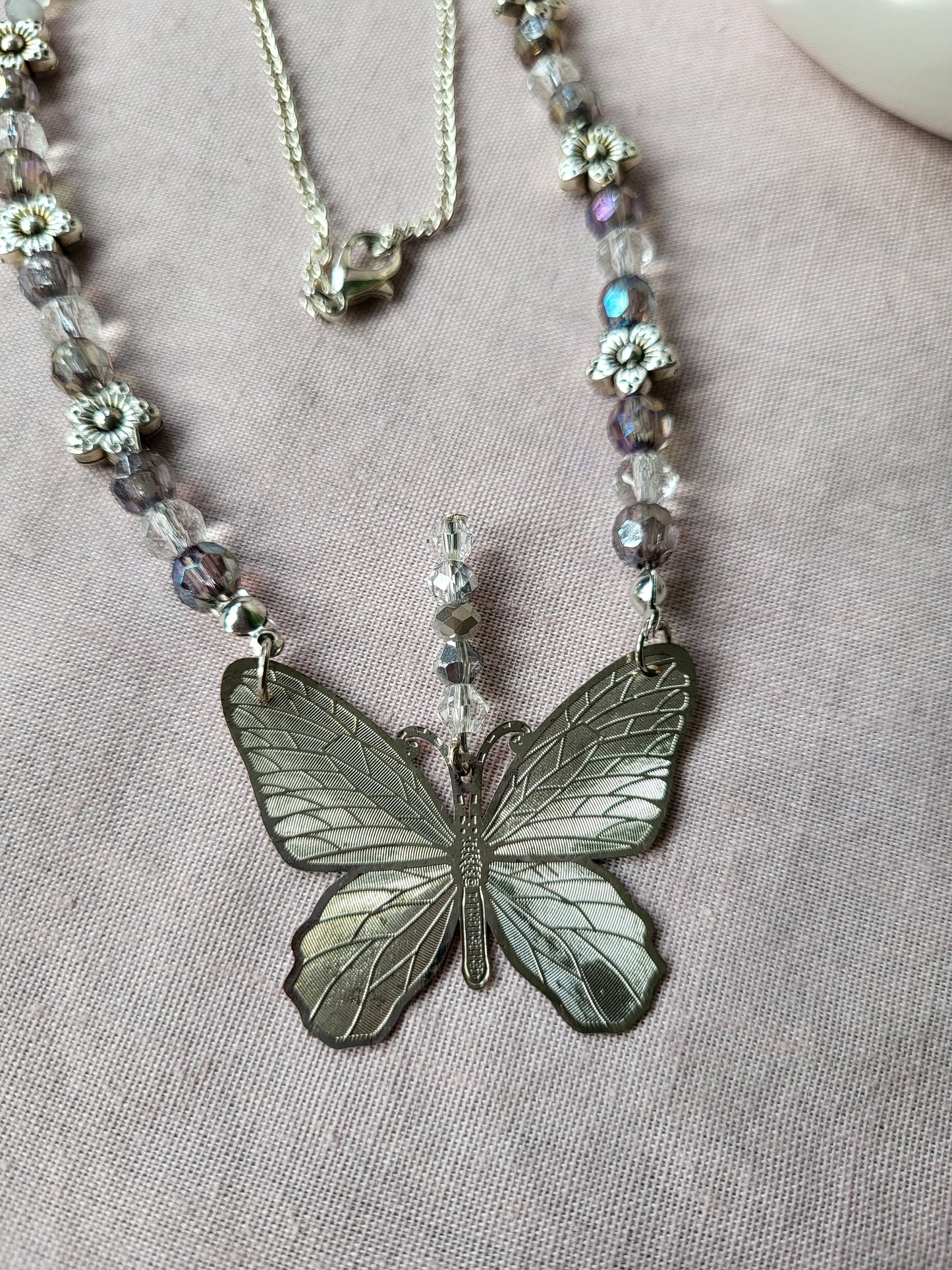 Upcycled Silver Beaded Butterfly Necklace