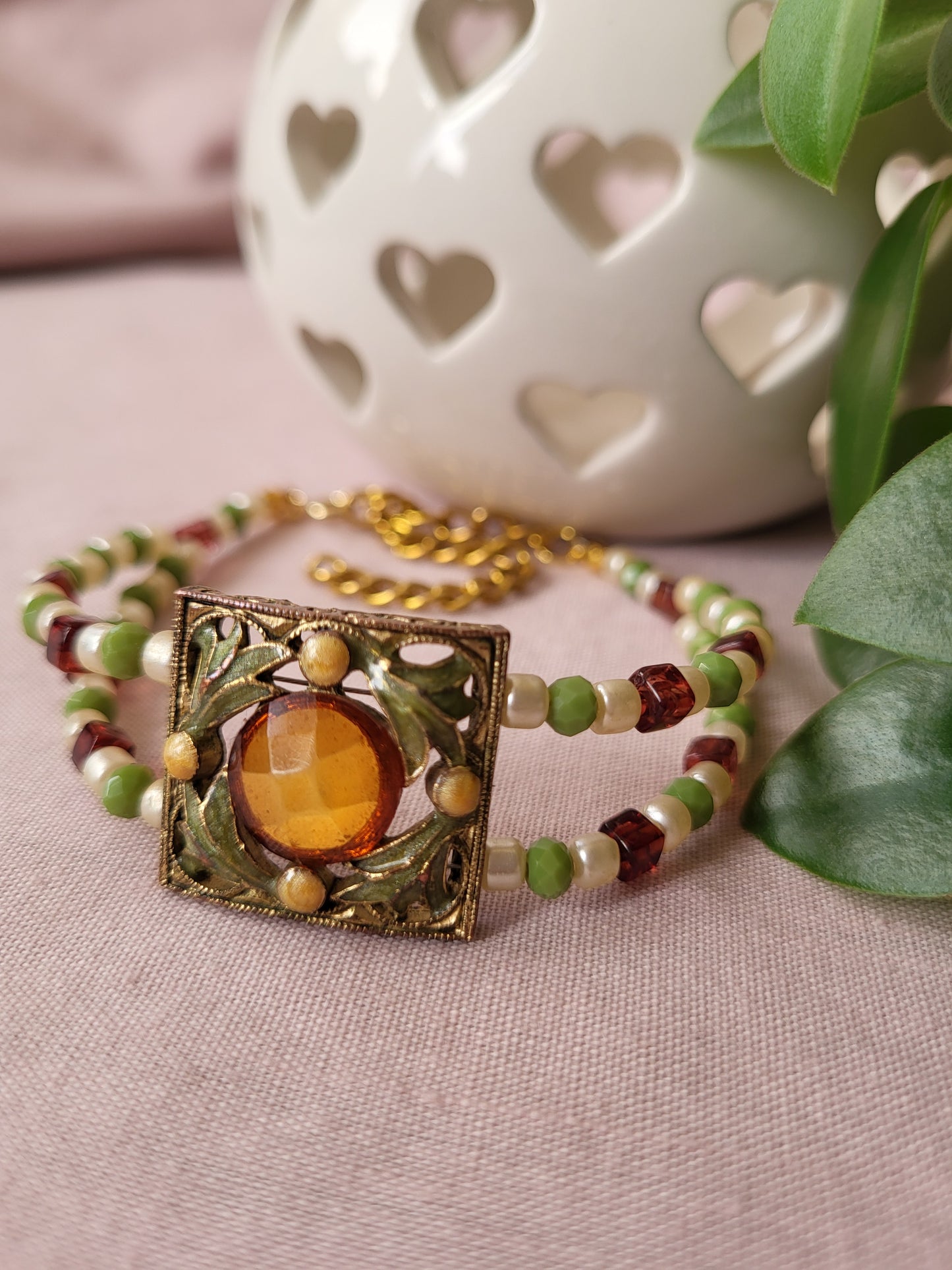 Upcycled Green, Ivory and Dark Red Beaded Bracelet with Ornate Pendant