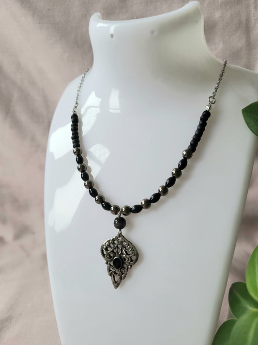 Black and Silver Upcycled Necklace with Dainty Beaded Detail