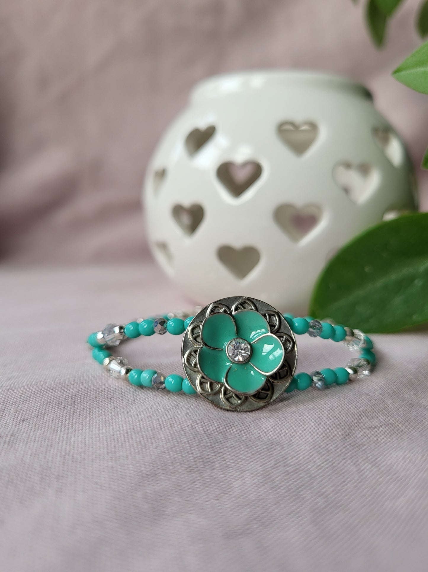 Upcycled Turquoise and Silver Beaded Bracelet with Flower Detail