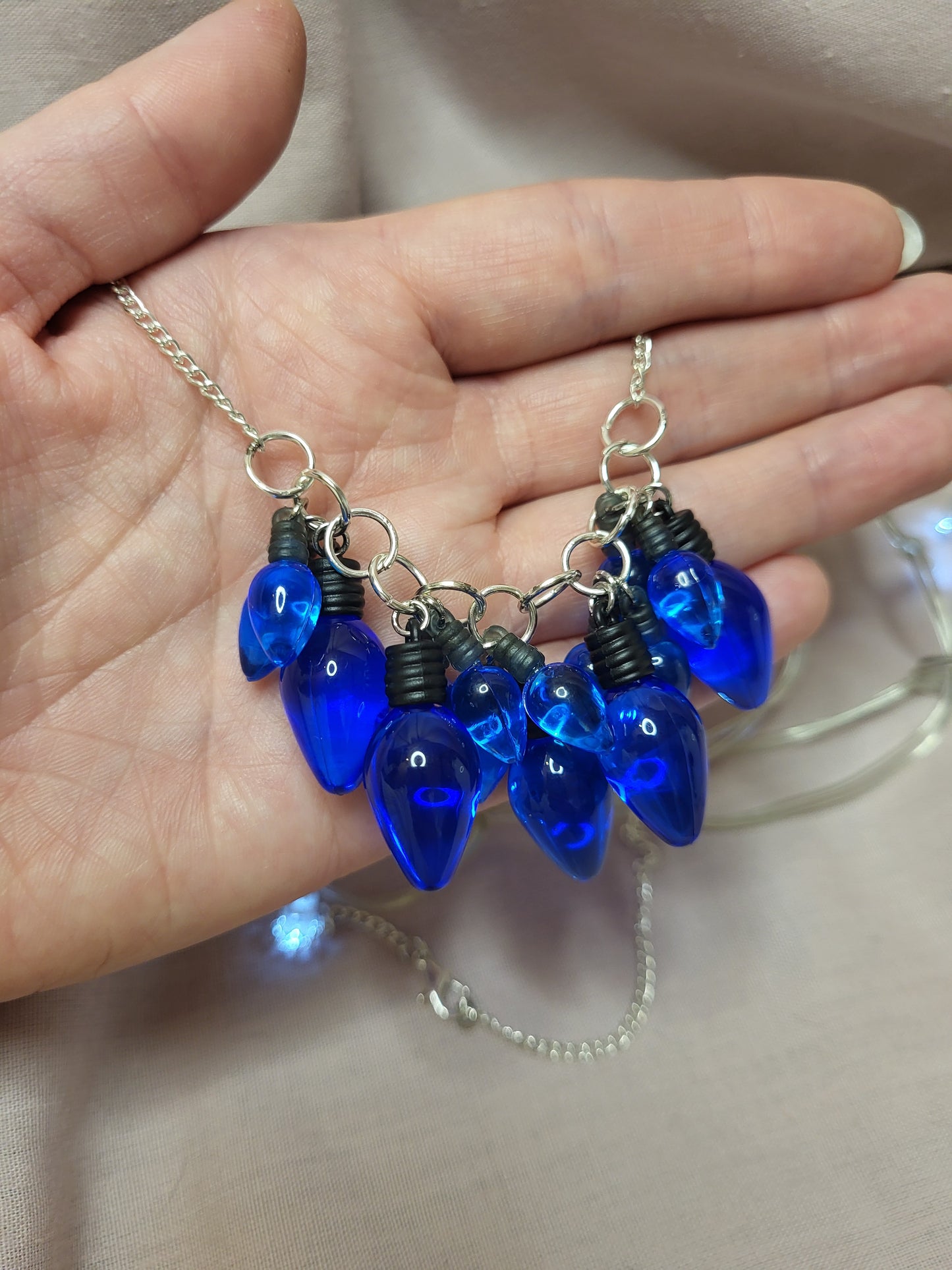 Blue Christmas Lights Statement Bib Necklace. Blue Jewellery. Quirky Christmas Necklace. Fairy Lights Necklace