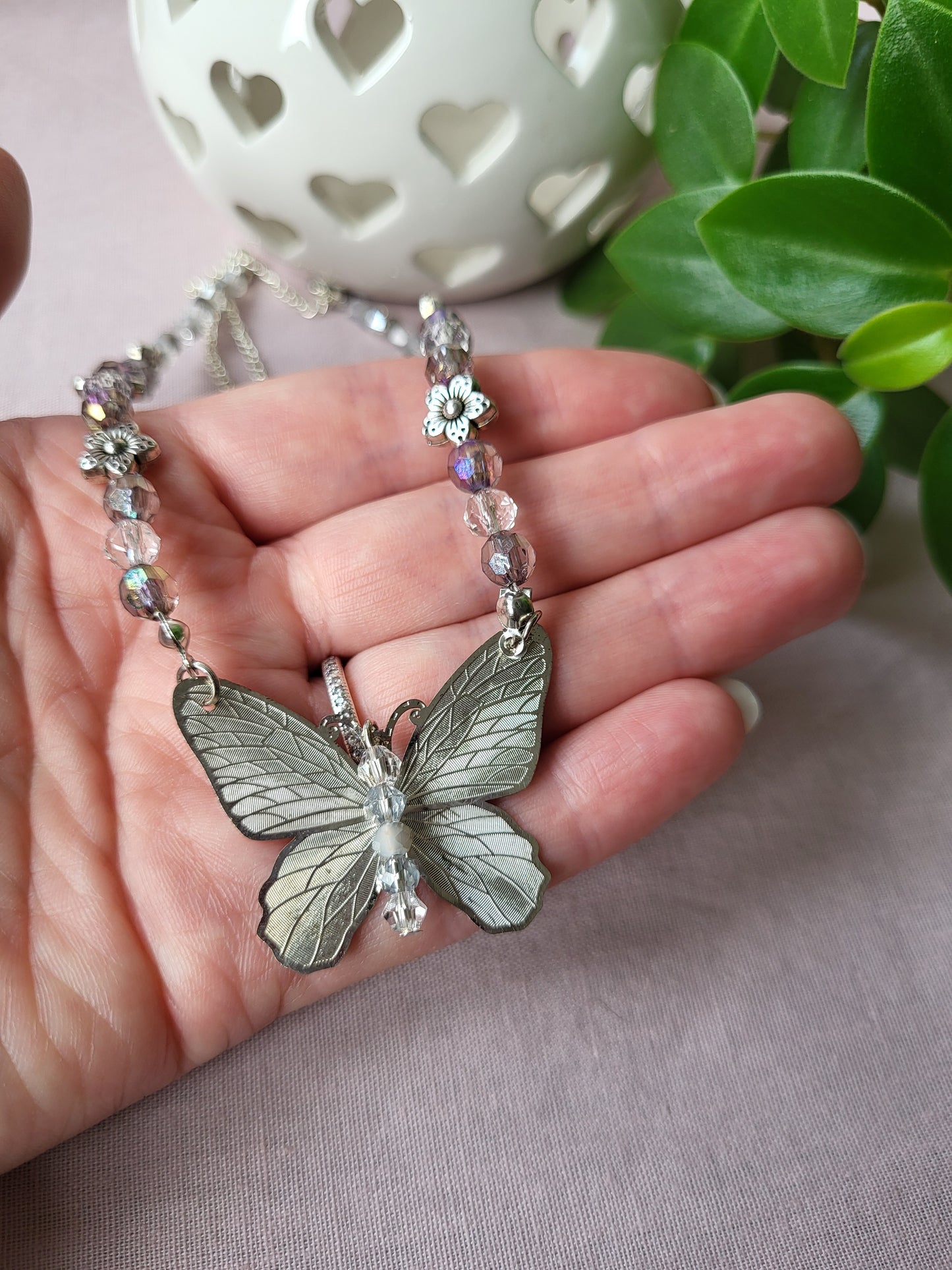 Upcycled Silver Beaded Butterfly Necklace