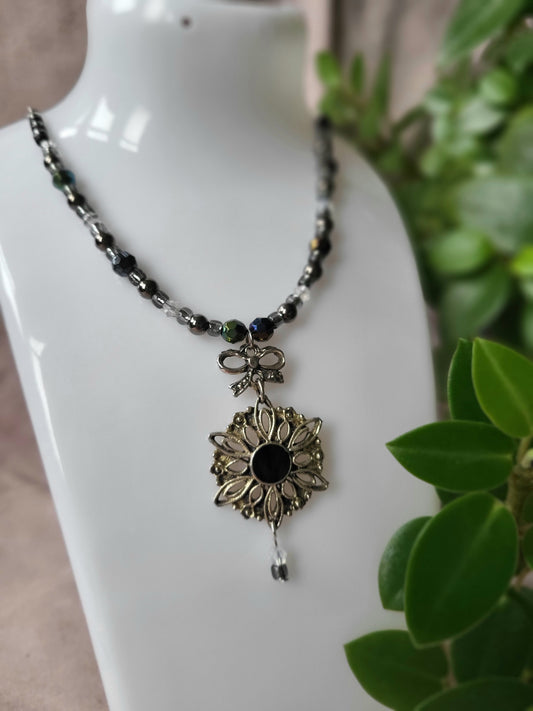 Black and Silver Upcycled Beaded Bib Necklace with Bow Detail