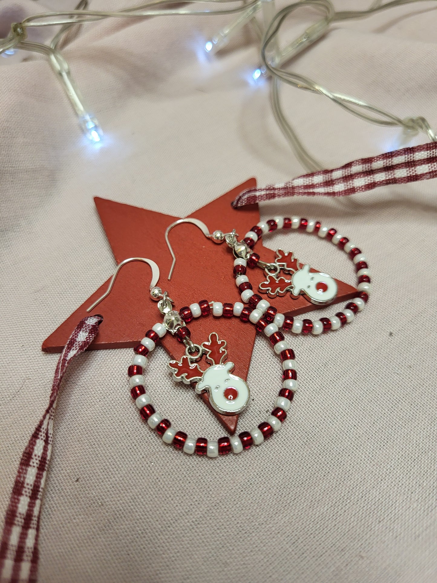Red and White Rudolph Beaded Ring Earrings. Clip On or Nickel Free Wires. Reindeer Earrings. Christmas Jewellery.