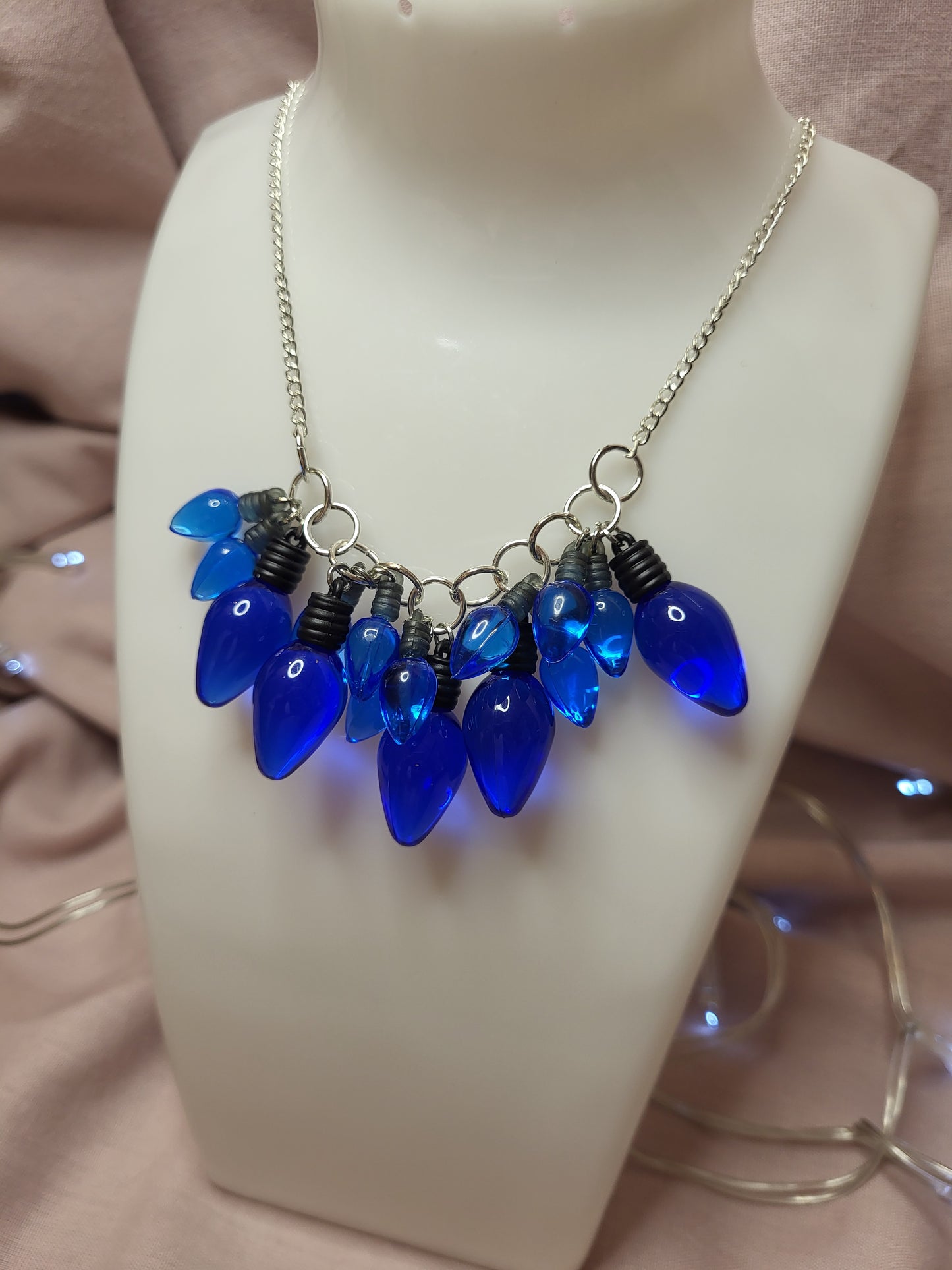 Blue Christmas Lights Statement Bib Necklace. Blue Jewellery. Quirky Christmas Necklace. Fairy Lights Necklace