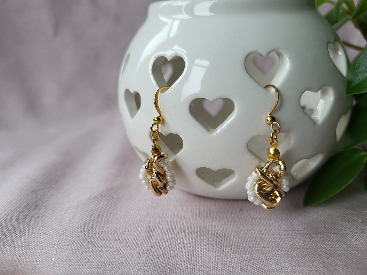 Gold and White Upcycled Earrings. Clip on or Wires