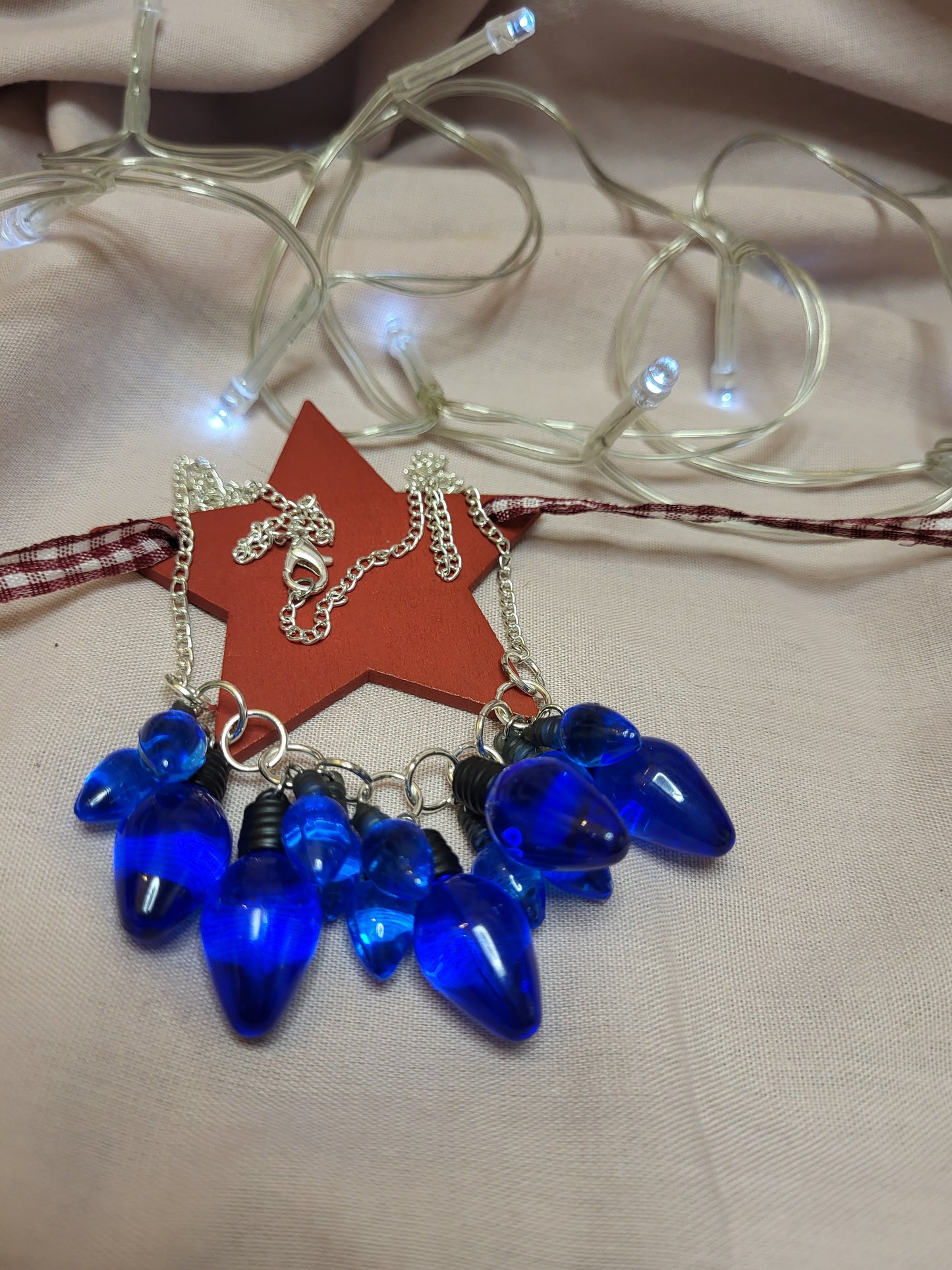 Blue Christmas Lights Statement Bib Necklace. Blue Jewellery. Quirky Christmas Necklace. Fairy Lights Necklace