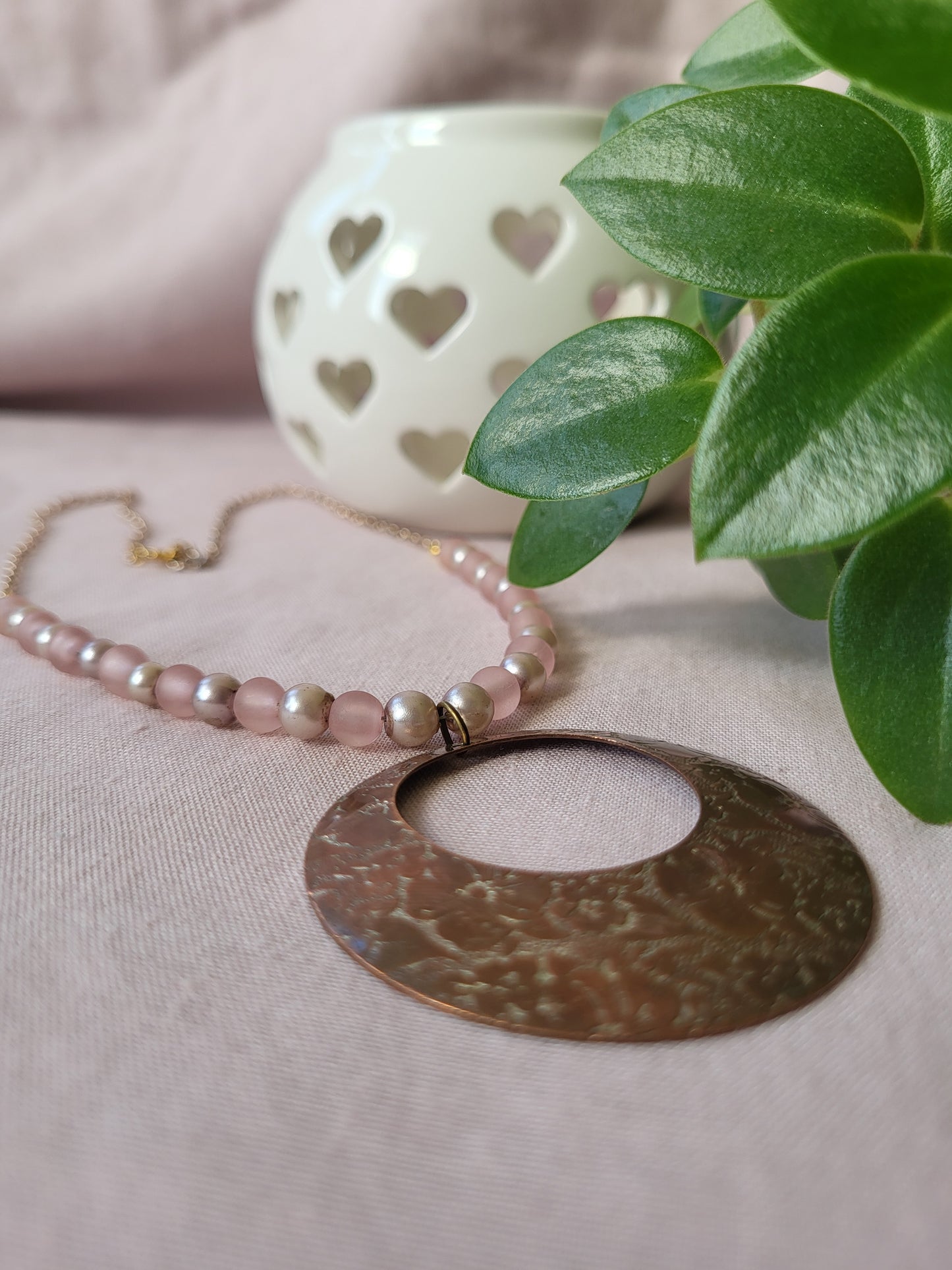 Upcycled Statement Necklace in Pink and Copper. One of a Kind.