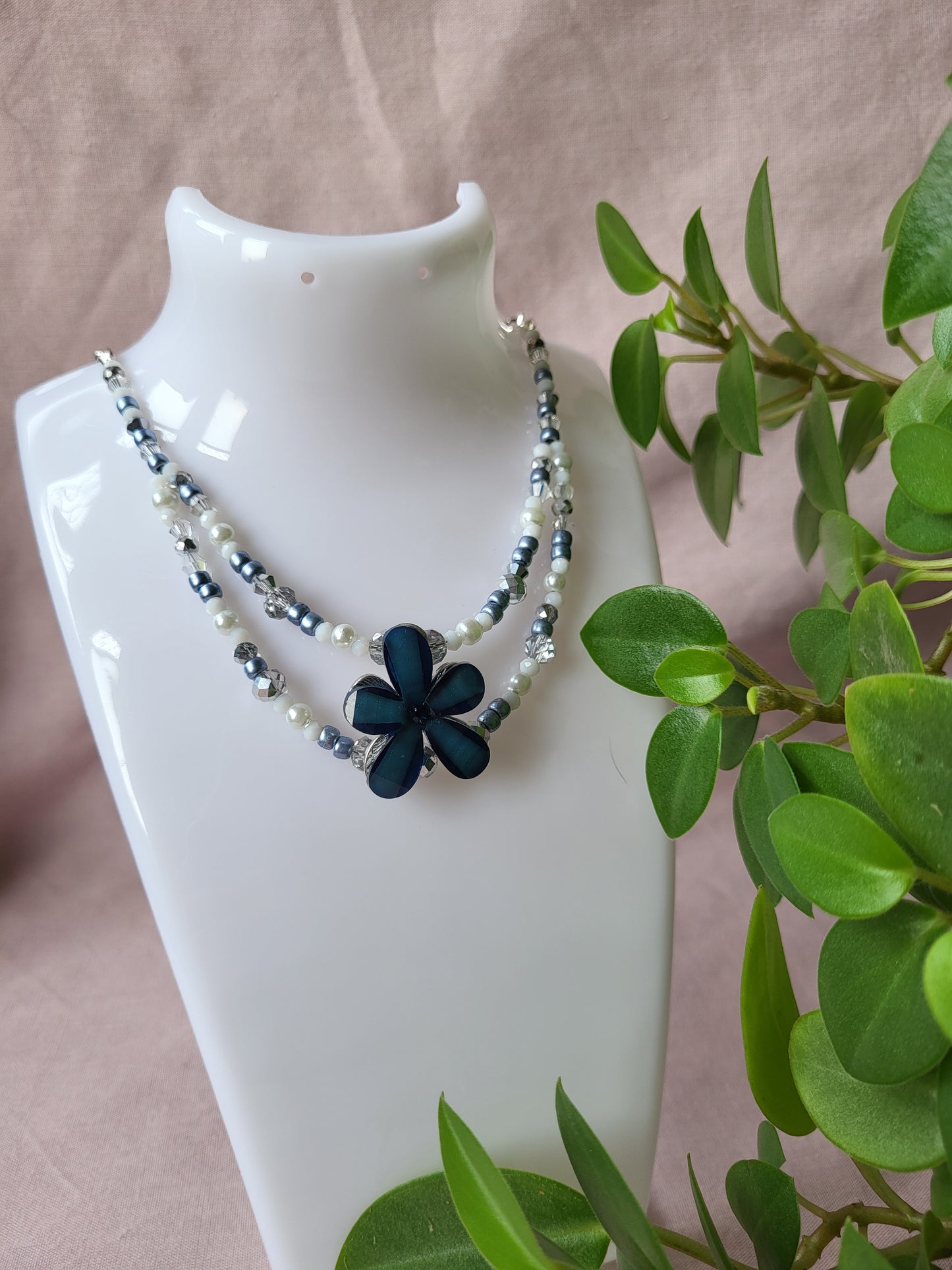 Upcycled Navy Blue and White Flower Beaded Necklace