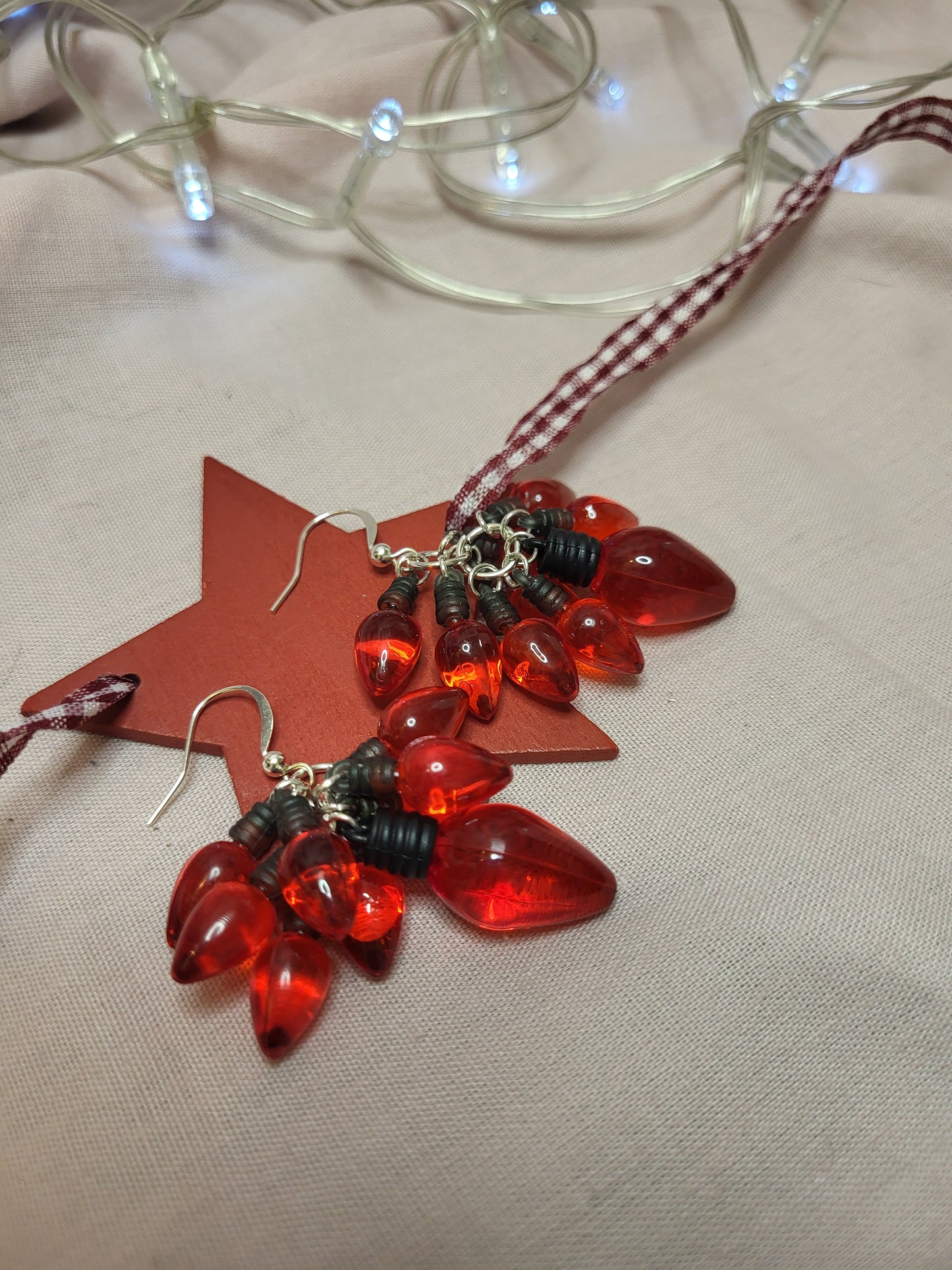 Red Christmas Light Statement Earrings. Clip On or Nickel Free Wires. Fairy Light Earrings. Red Christmas Jewellery