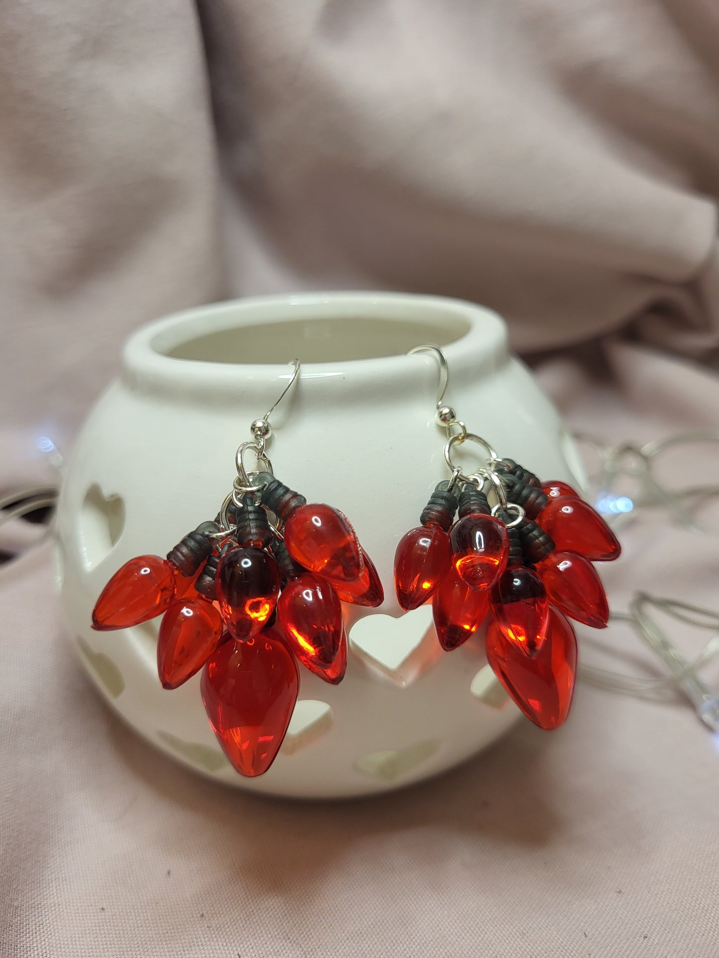 Red Christmas Light Statement Earrings. Clip On or Nickel Free Wires. Fairy Light Earrings. Red Christmas Jewellery