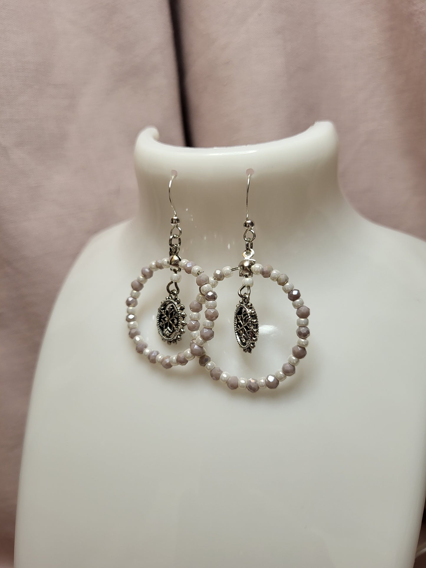 Lilac and White Beaded Snowflake Ring Earrings. Clip On or Nickel Free Wires. Christmas Earrings. Winter Jewellery.