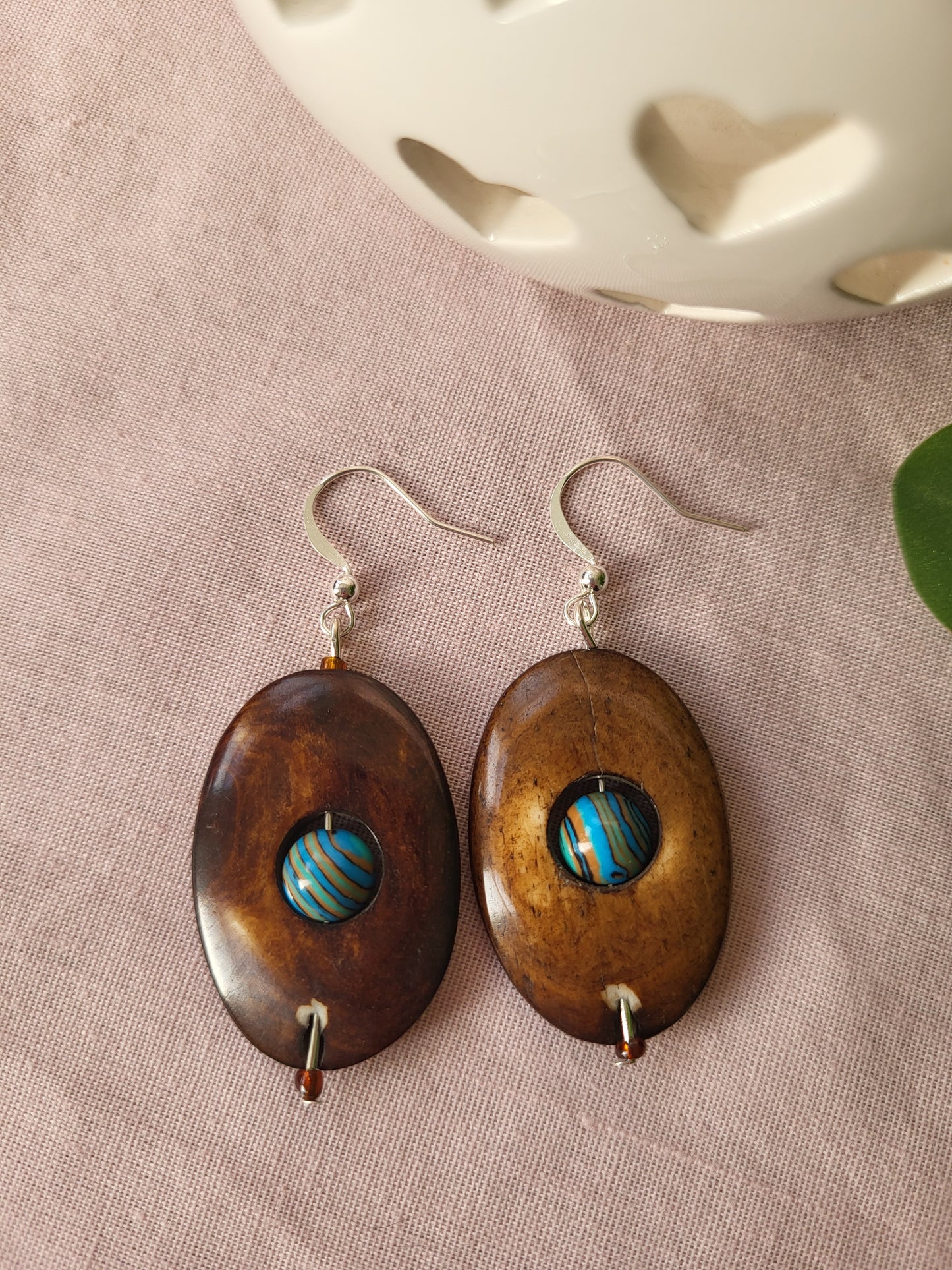 Wood Effect Oval Earrings with Blue Malachite Centre. Upcycled and One of a Kind. Clip On or Nickel Free Wires