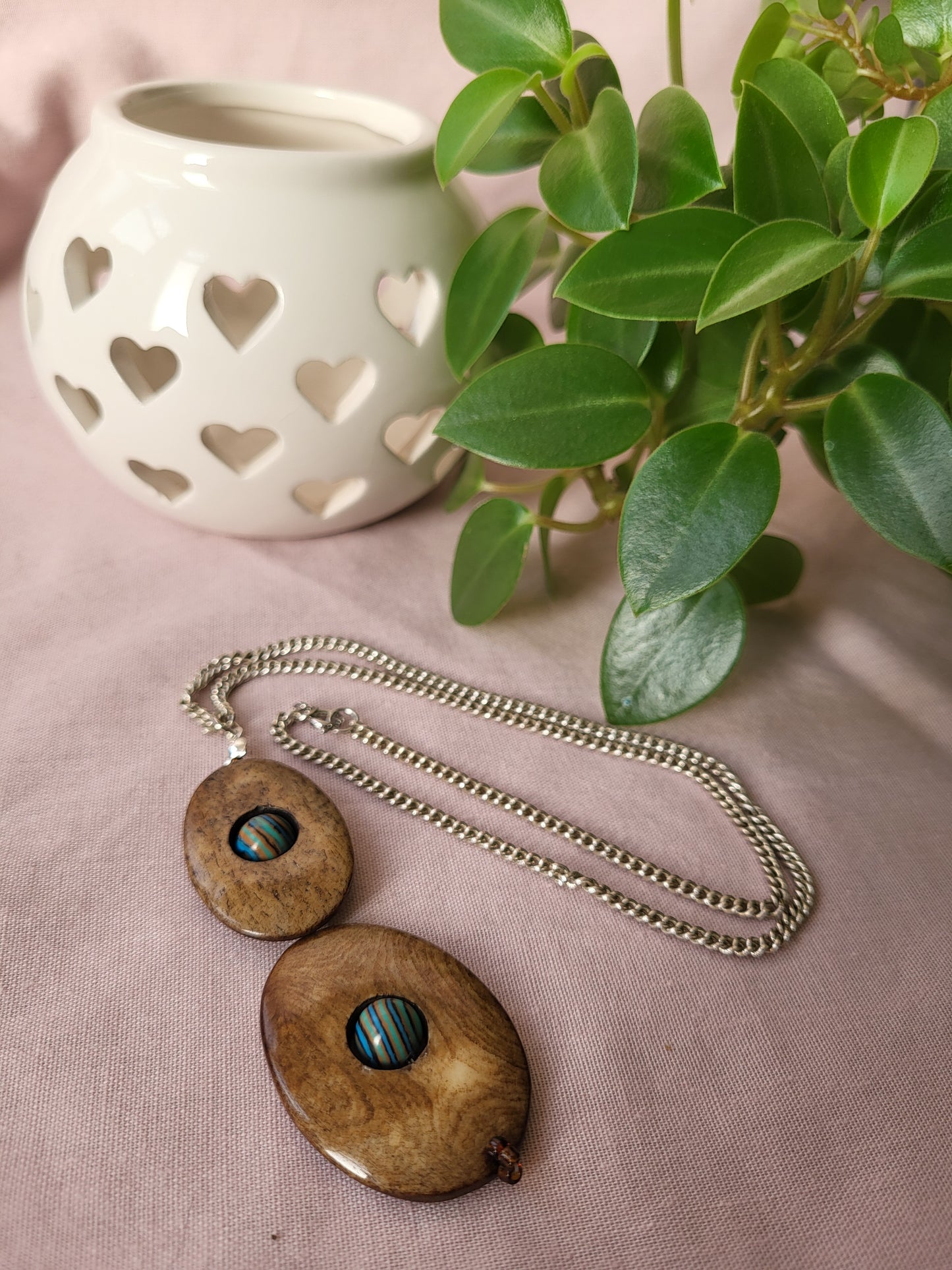 Wood Effect Double Oval Pendant with Blue Malachite Centre. Upcycled and One of a Kind