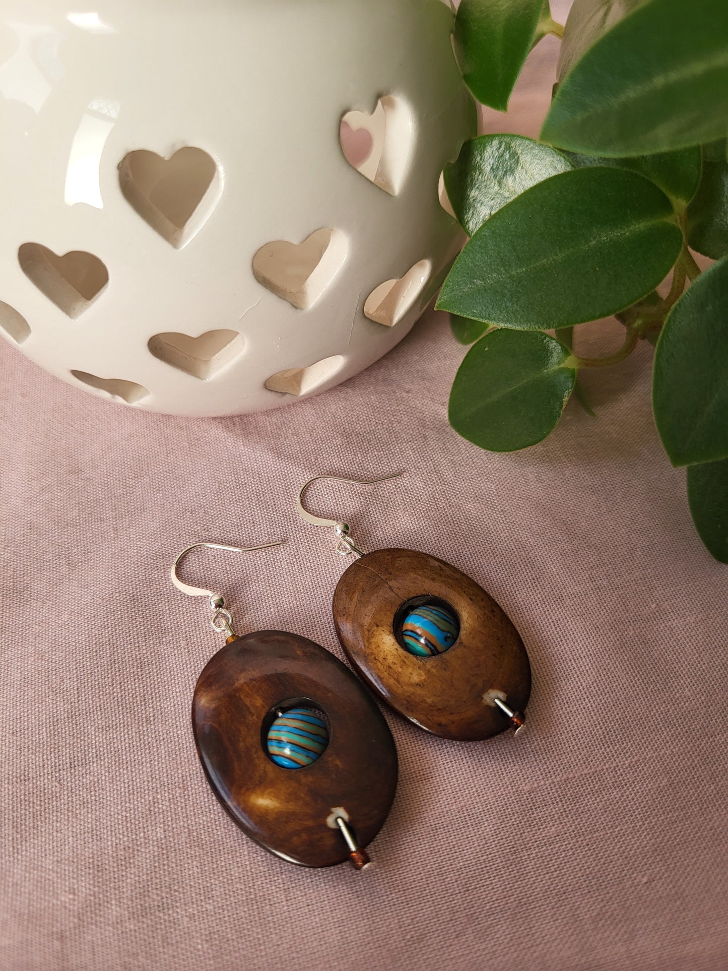 Wood Effect Oval Earrings with Blue Malachite Centre. Upcycled and One of a Kind. Clip On or Nickel Free Wires