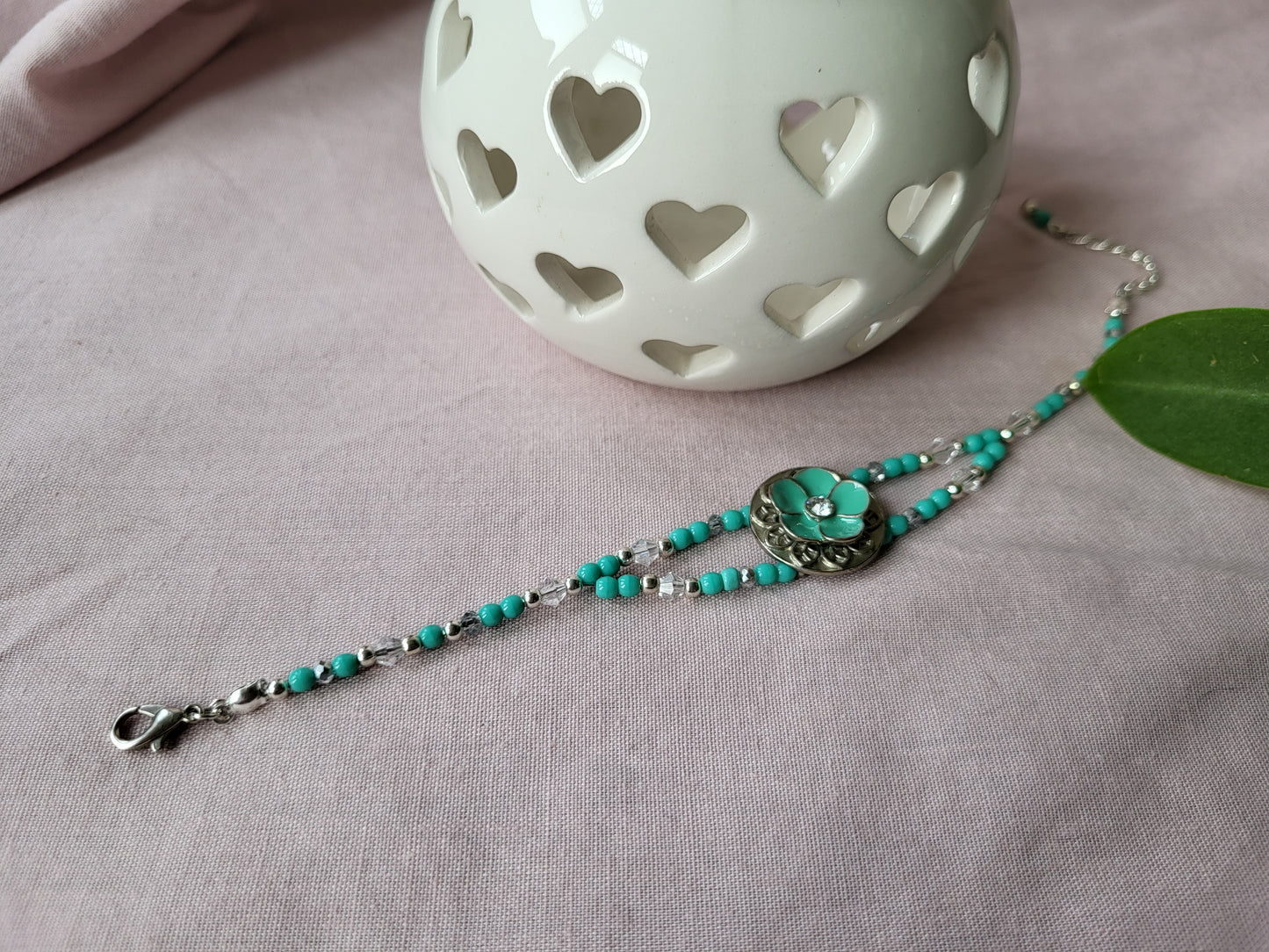 Upcycled Turquoise and Silver Beaded Bracelet with Flower Detail