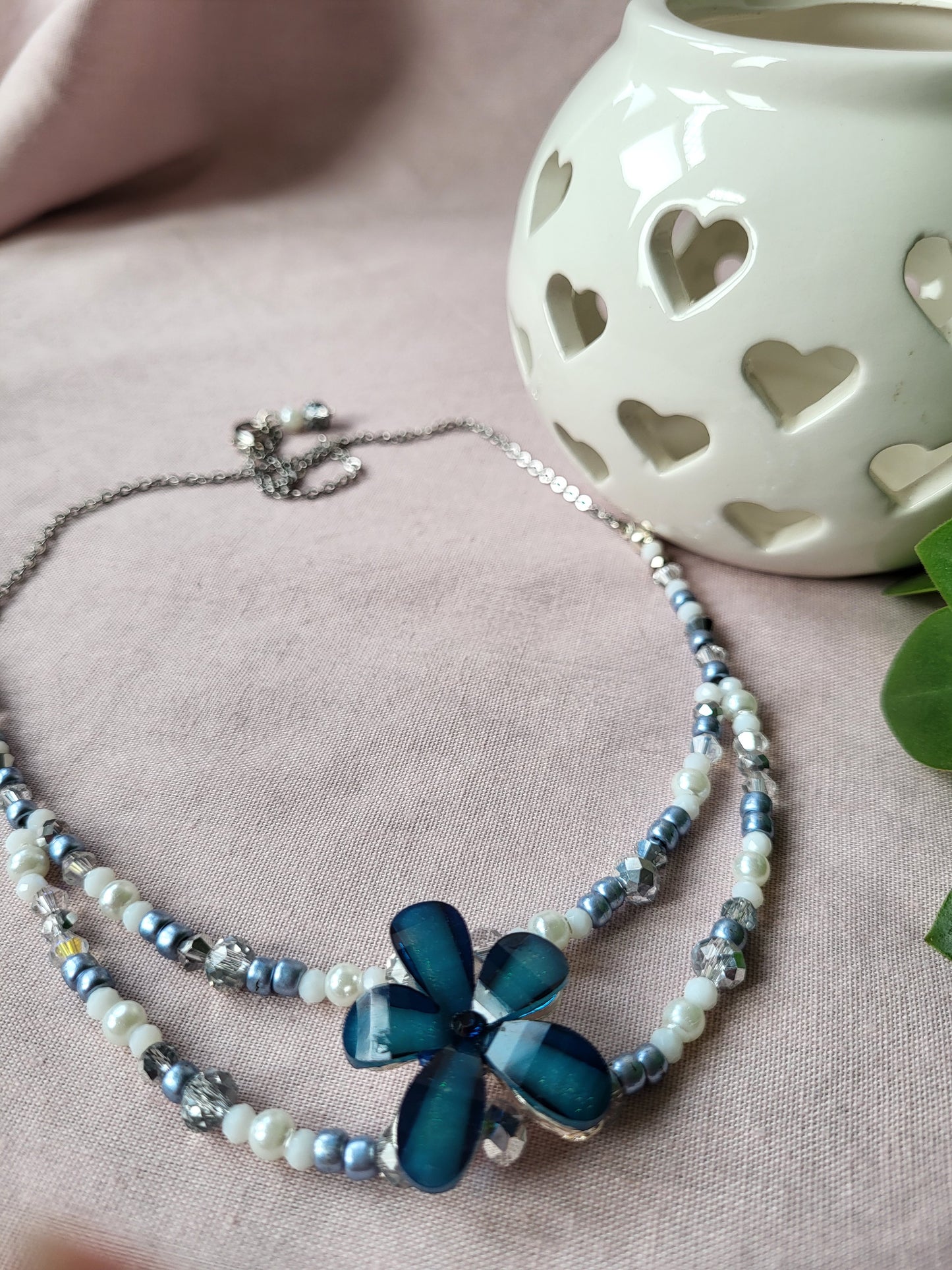 Upcycled Navy Blue and White Flower Beaded Necklace