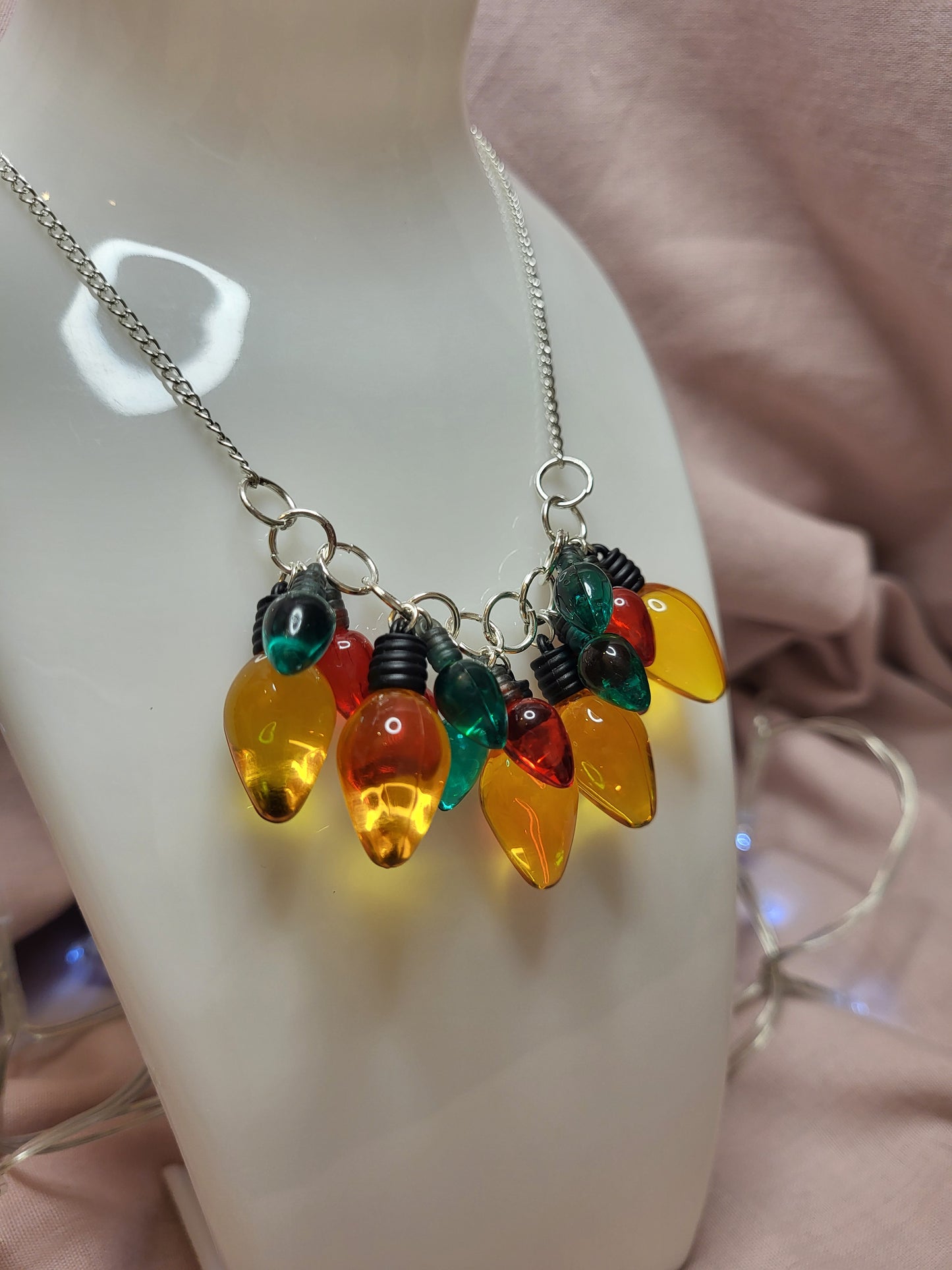 Gold, Red and Green Christmas Lights Statement Bib Necklace. Christmas Jewellery Jewelry. Statement Christmas Jewellery