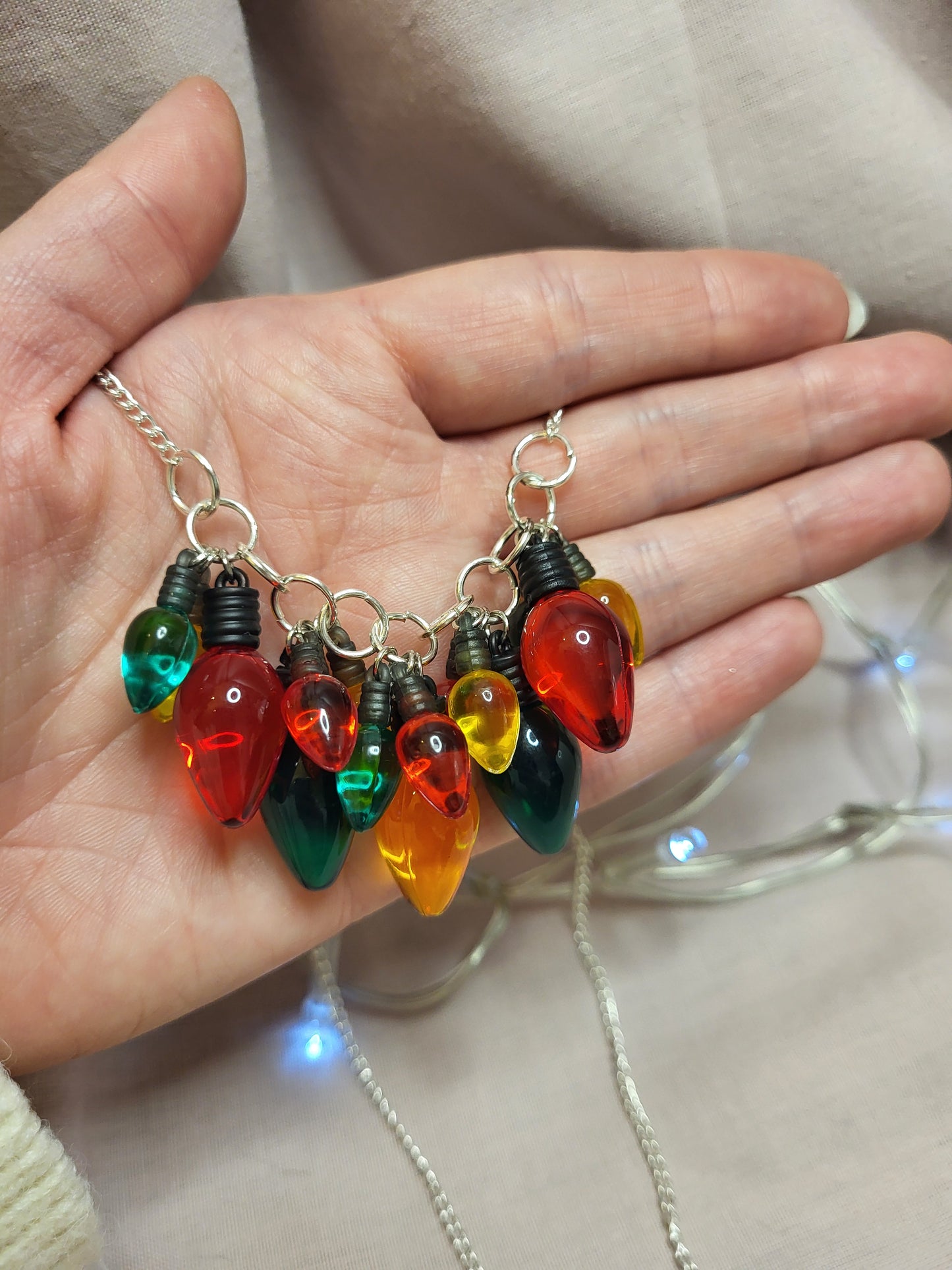 Red, Green and Gold Christmas Lights Statement Bib Necklace. Fairy Lights Necklace. Christmas Lover Jewellery