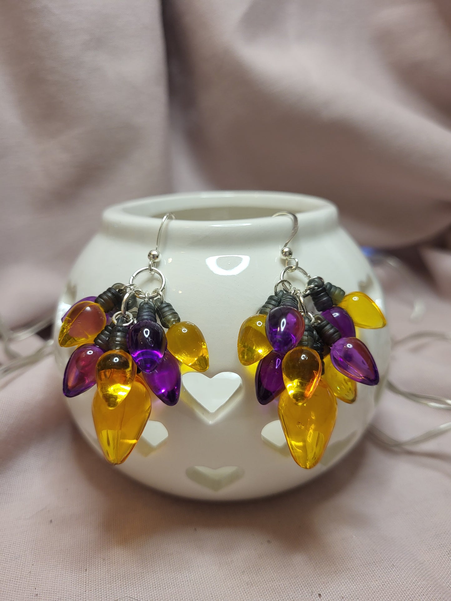 Purple and Gold Christmas Light Statement Earrings. Clip On or Nickel Free Wires. Bold Christmas Earrings. Christmas Jewellery.
