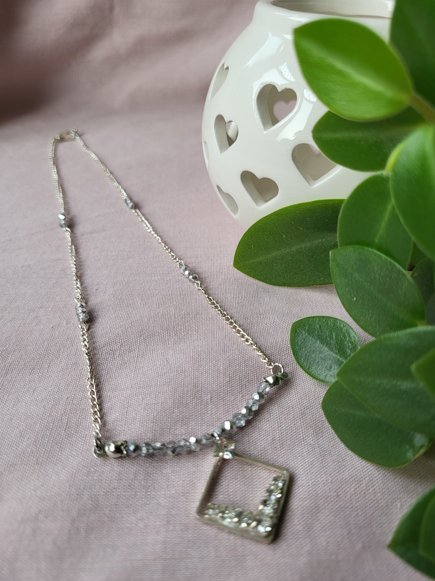 Upcycled Dainty Diamante Pendant Necklace with Beaded Details