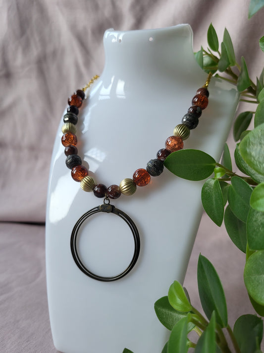 Brown and Gold Upcycled Statement Necklace with Circle Pendant. One of a Kind