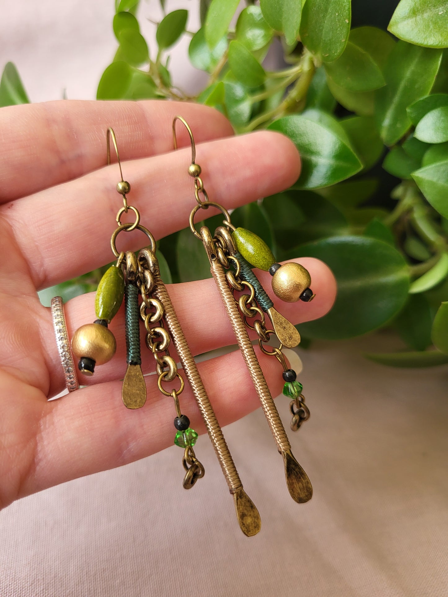 Upcycled Multistrand Gold and Green One of a Kind Earrings. Clip On or Nickel Free Wires