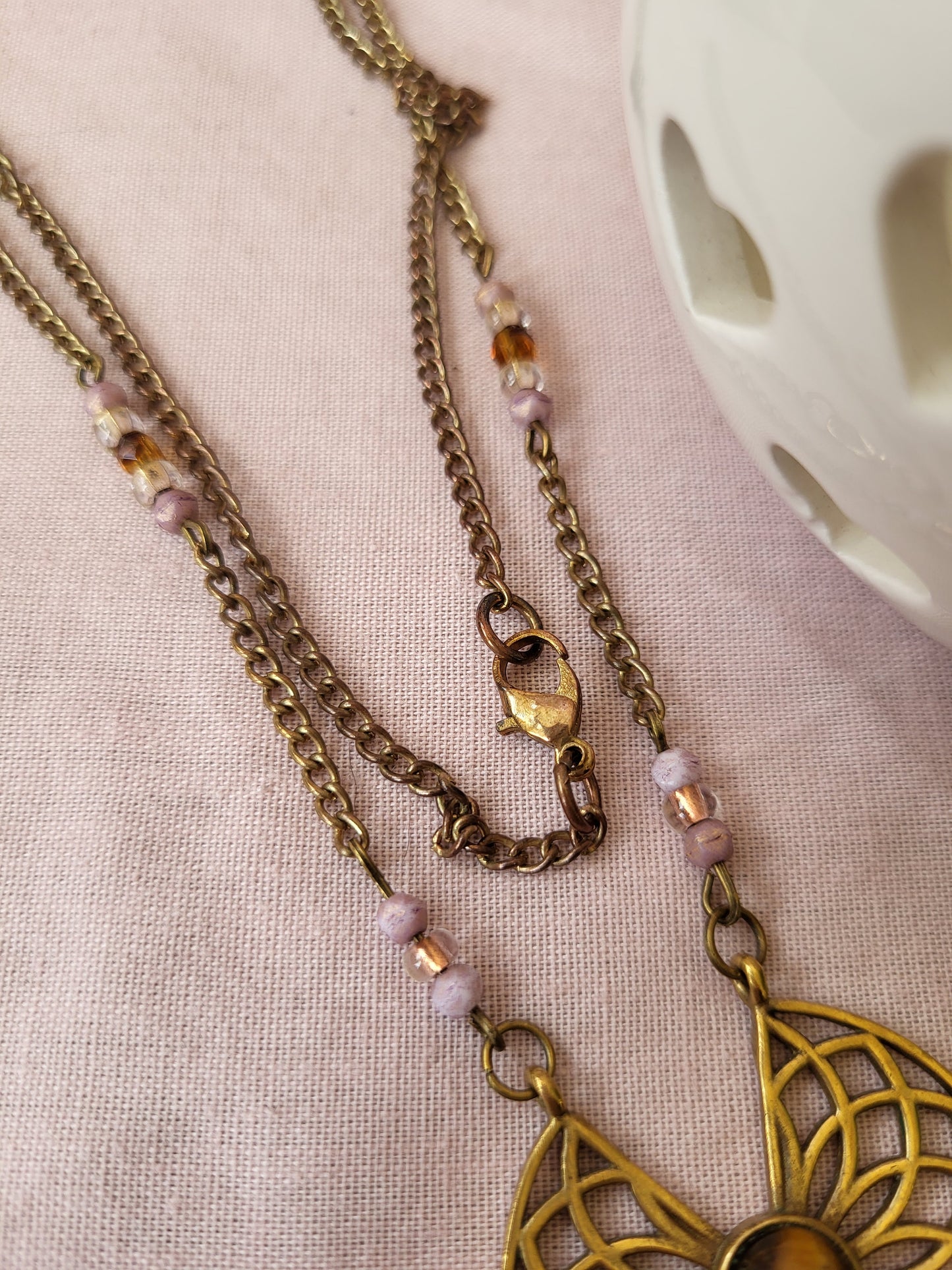 Gold Tone Pendant with Beaded Tassels. Upcycled and One of a Kind