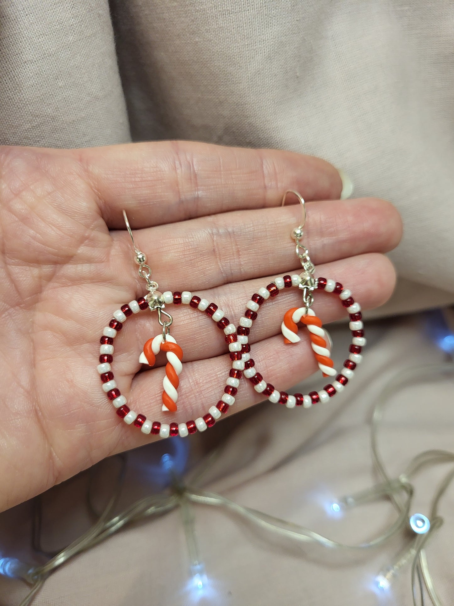 Red and White Candy Cane Beaded Ring Earrings. Clip On or Nickel Free Wires. Christmas  Earrings. One of a Kind.