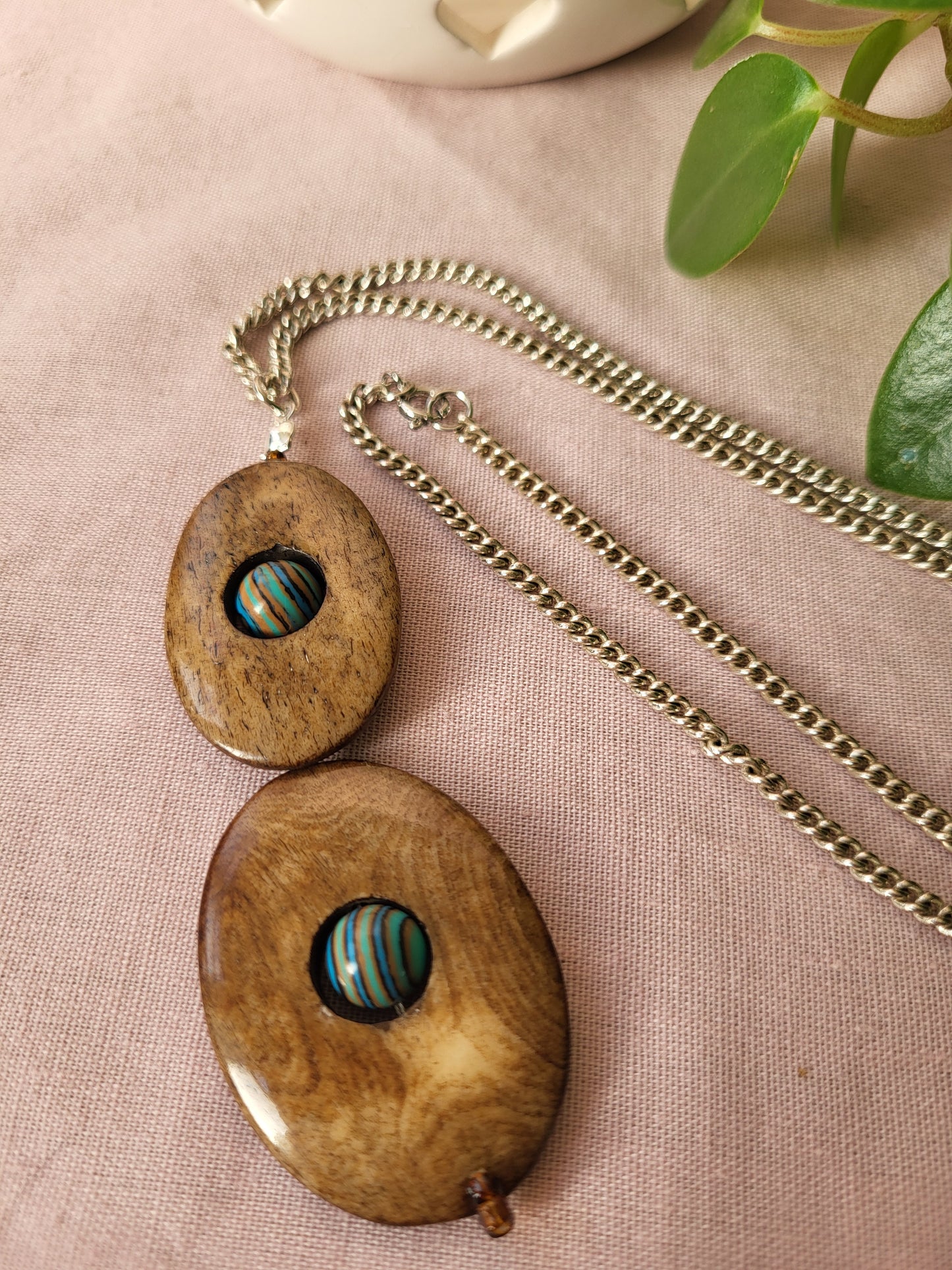Wood Effect Double Oval Pendant with Blue Malachite Centre. Upcycled and One of a Kind