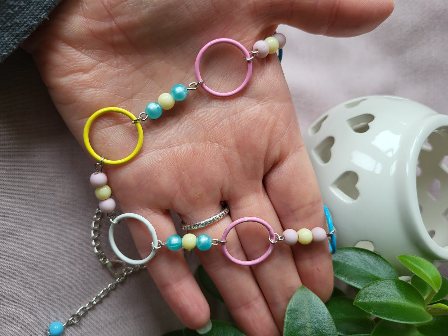Pastel Coloured Upcycled Beaded and Ring Necklace
