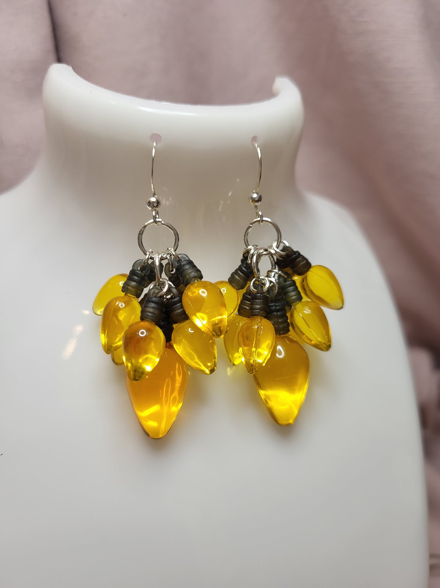 Yellow Gold Christmas Light Statement Earrings. Clip On or Nickel Free Wires. Fairy Light Earrings. Christmas Lover Gift.