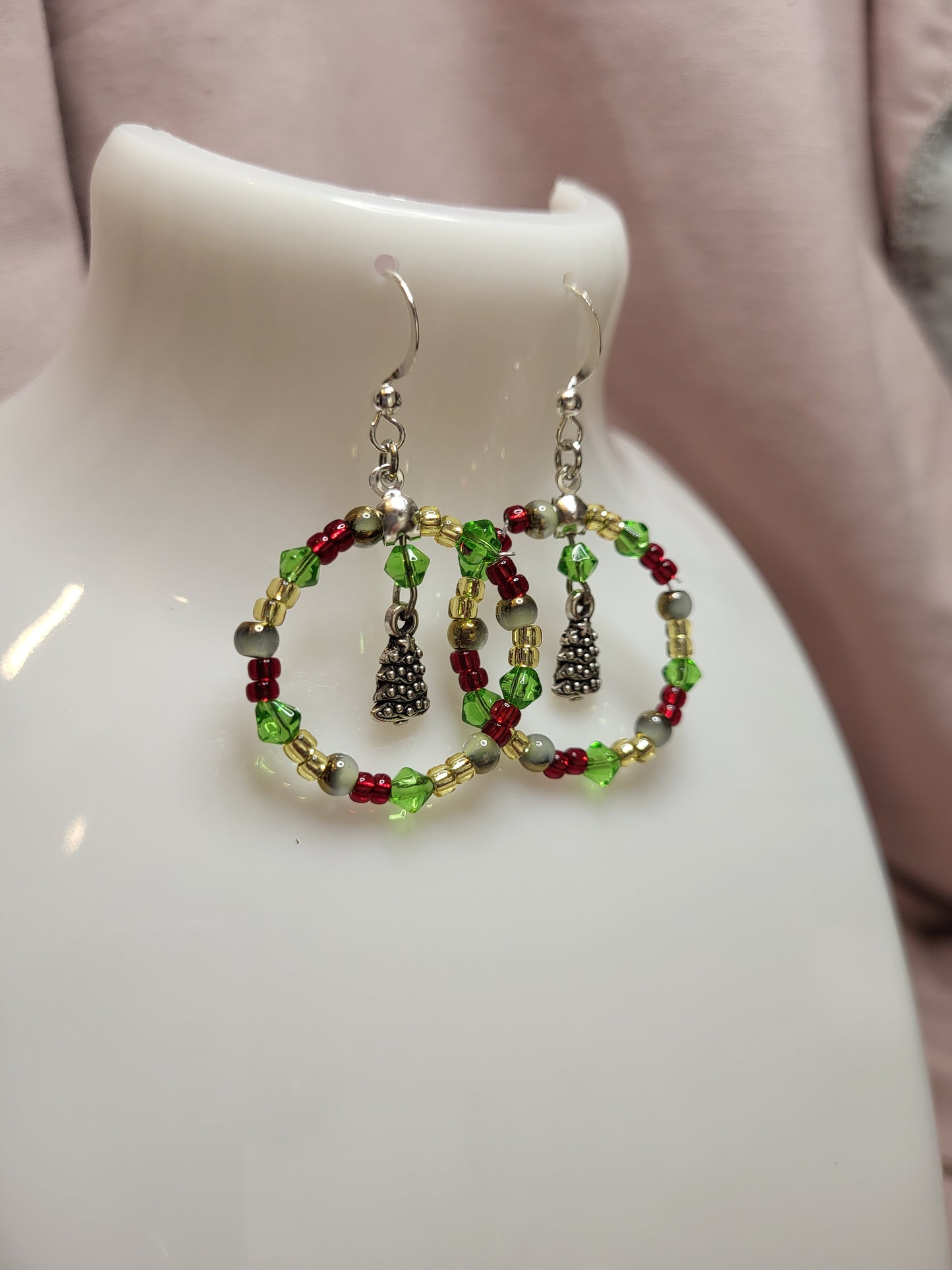 Green, Red and Gold Beaded Christmas Tree Ring Earrings. Clip On or Nickel Free. One of a Kind