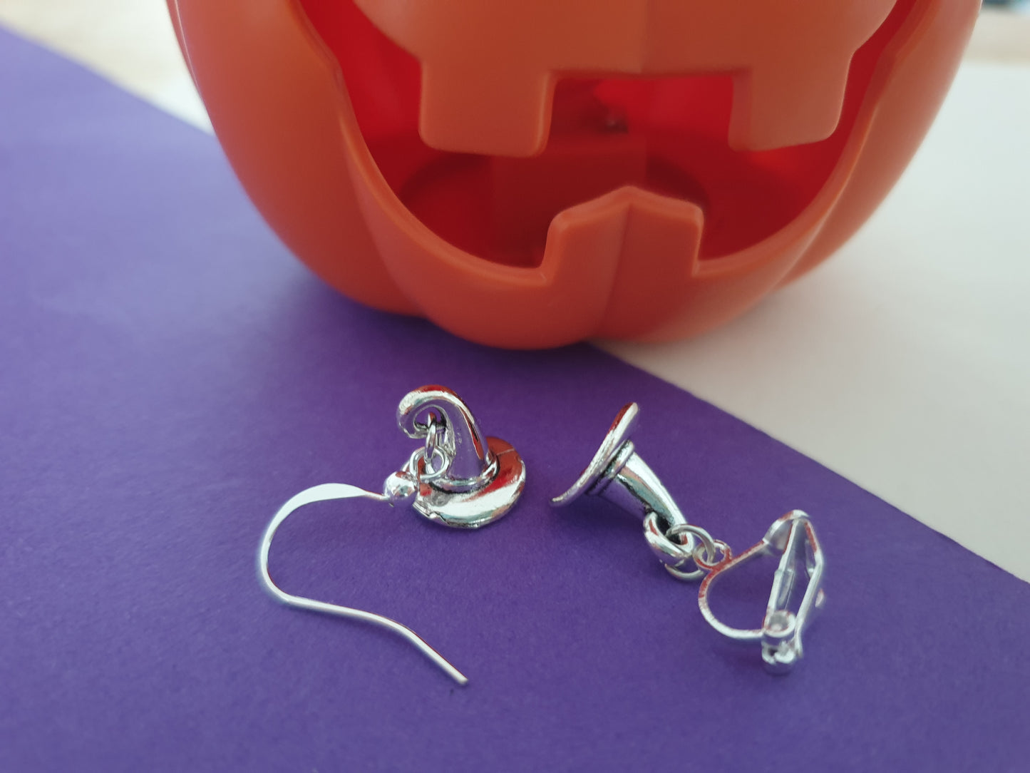 Silver Witches Hat Halloween Earrings. Hypoallergenic, Allergy Free, Nickel Free Earrings, Clip On Earrings