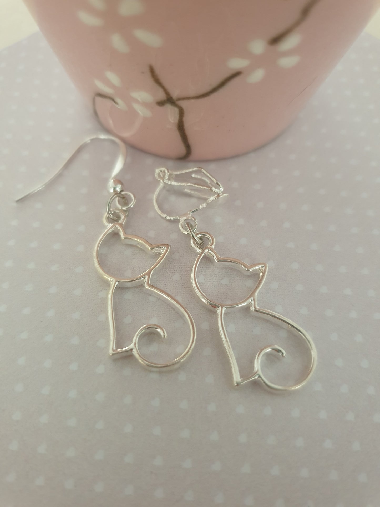 Outline Cat Earrings in Silver with Allergy Free, Nickel Free, Hypoallergenic Wires, or Clip On Earrings