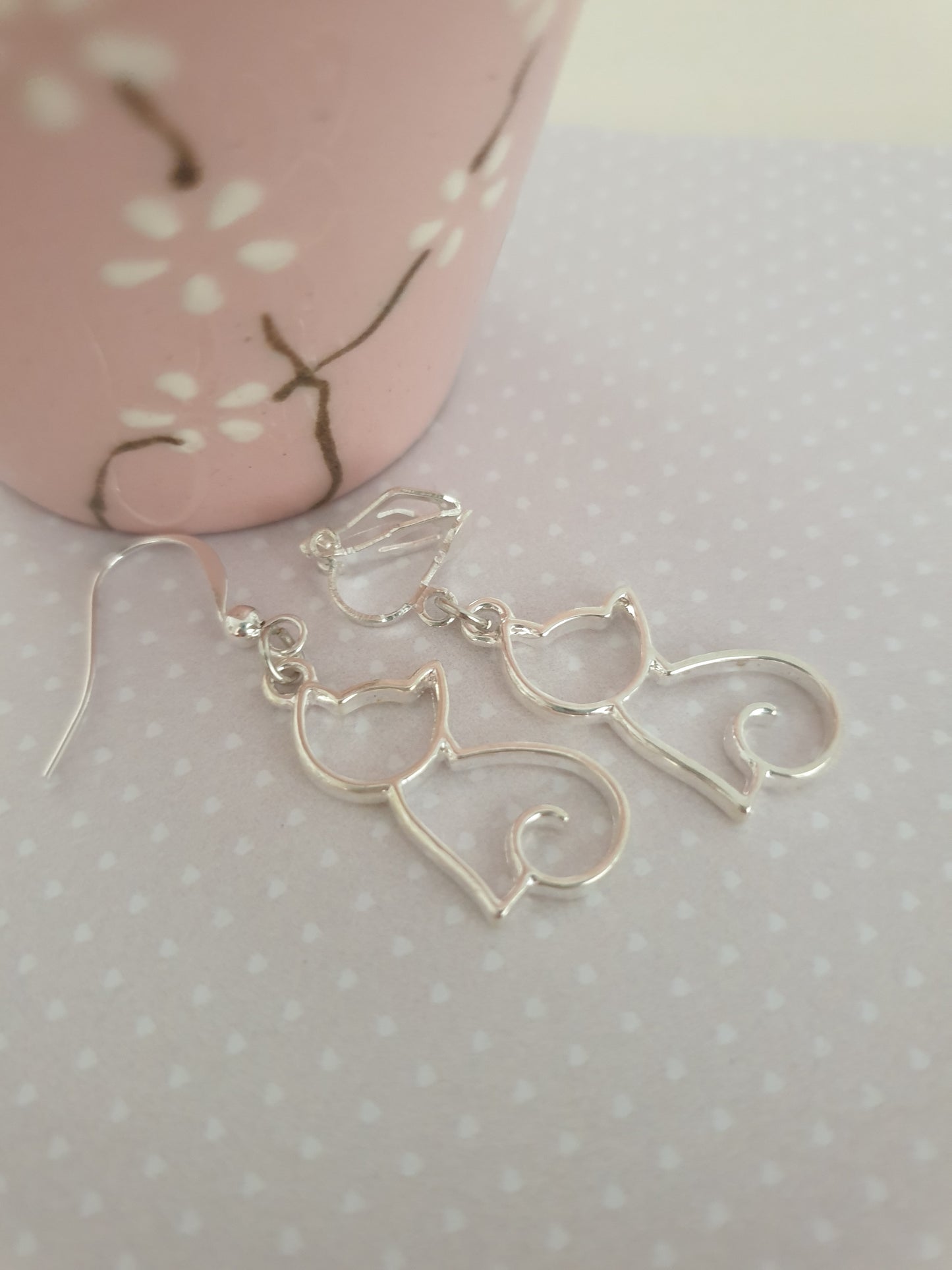 Outline Cat Earrings in Silver with Allergy Free, Nickel Free, Hypoallergenic Wires, or Clip On Earrings